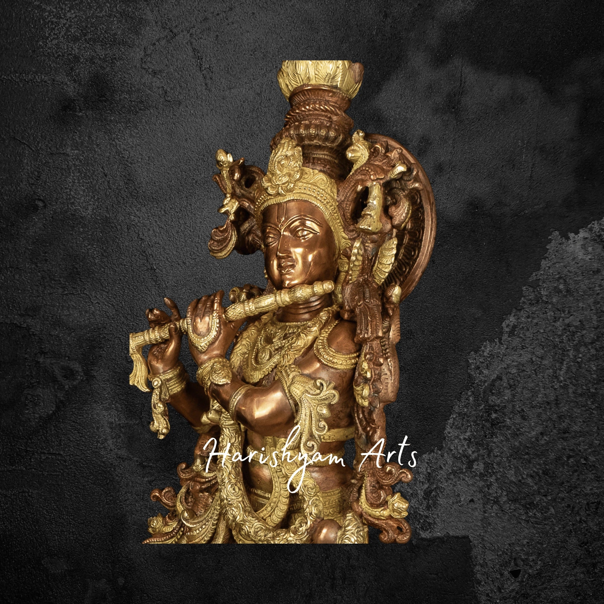 28" Venugopala Brass Murti with Cow Majestic Krishna Sculpture