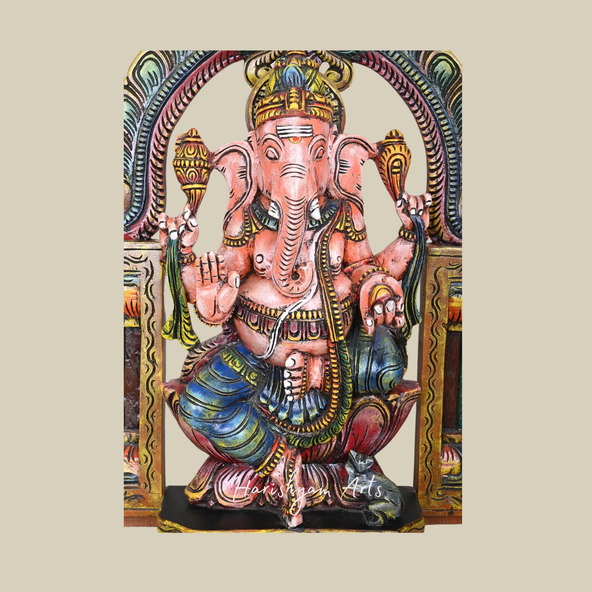 28" Vintage Wooden Ganesha Statue with Intricate Arch and Lotus Base