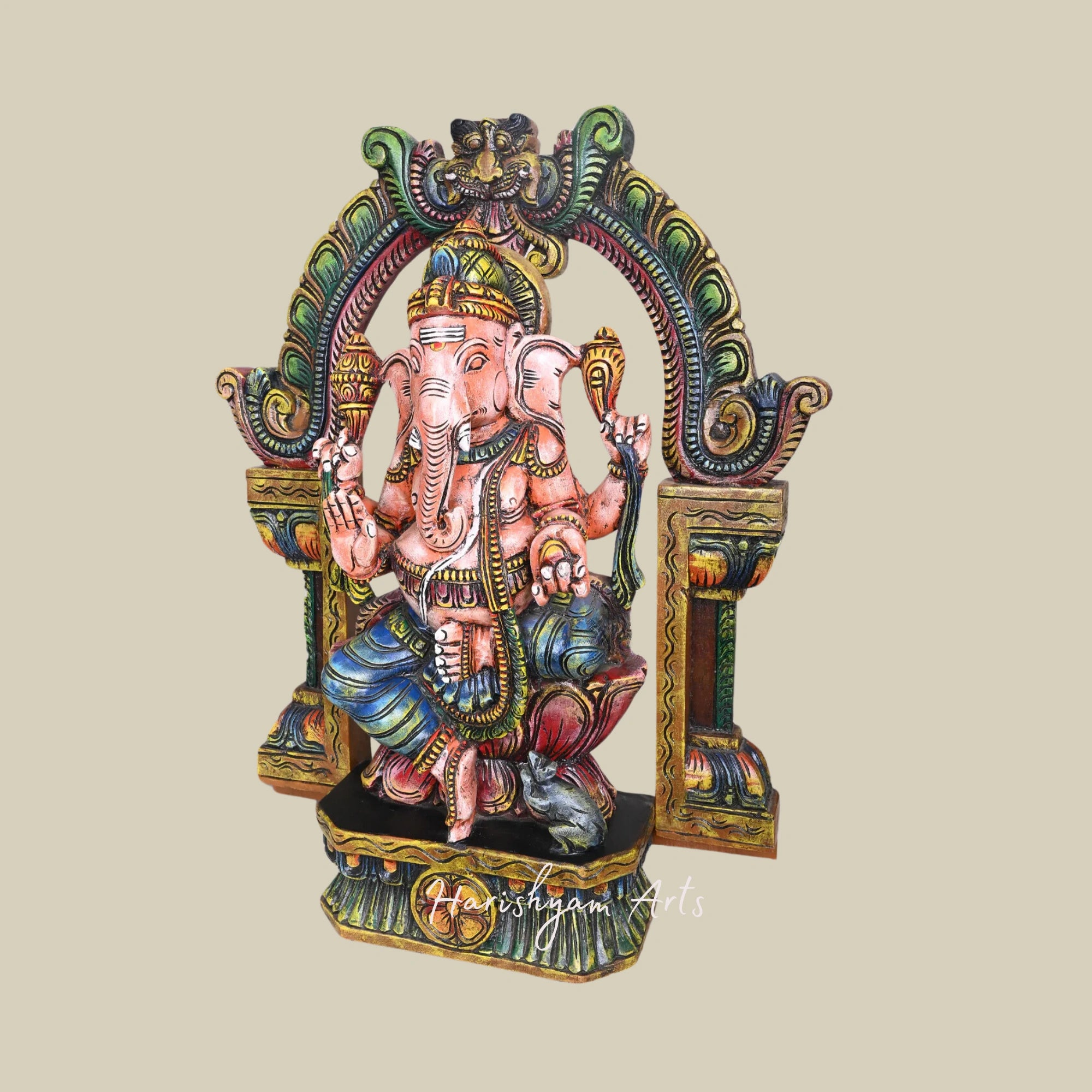 28" Vintage Wooden Ganesha Statue with Intricate Arch and Lotus Base
