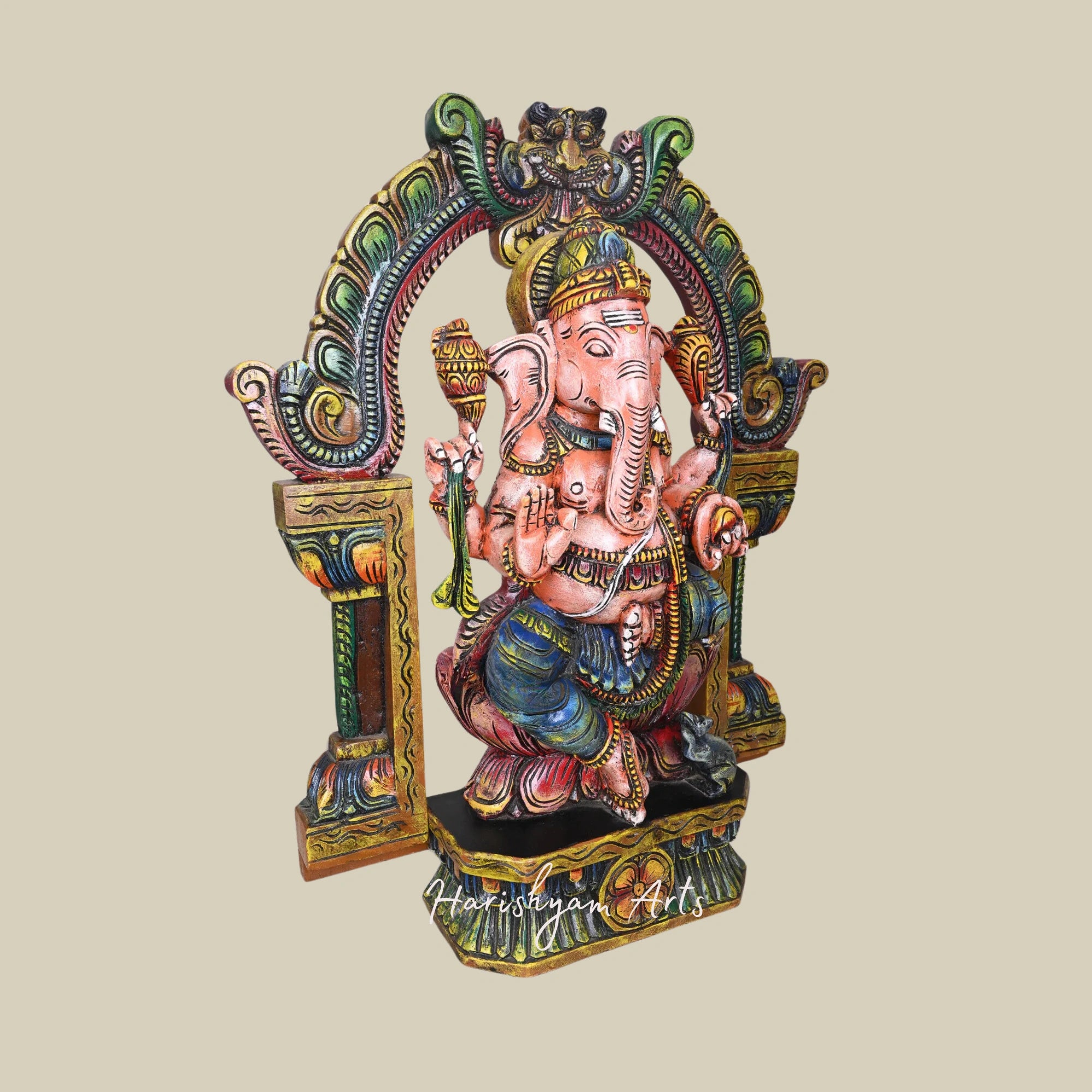 28" Vintage Wooden Ganesha Statue with Intricate Arch and Lotus Base