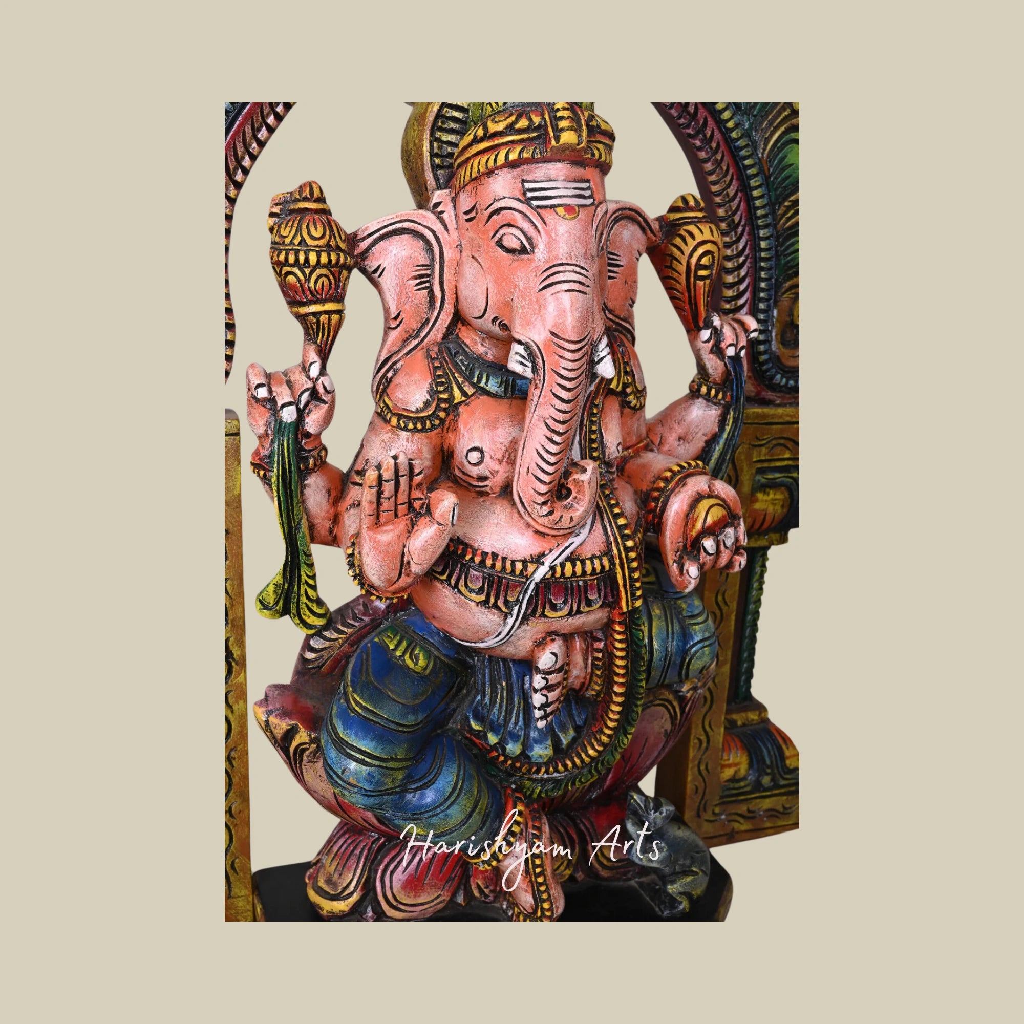 28" Vintage Wooden Ganesha Statue with Intricate Arch and Lotus Base