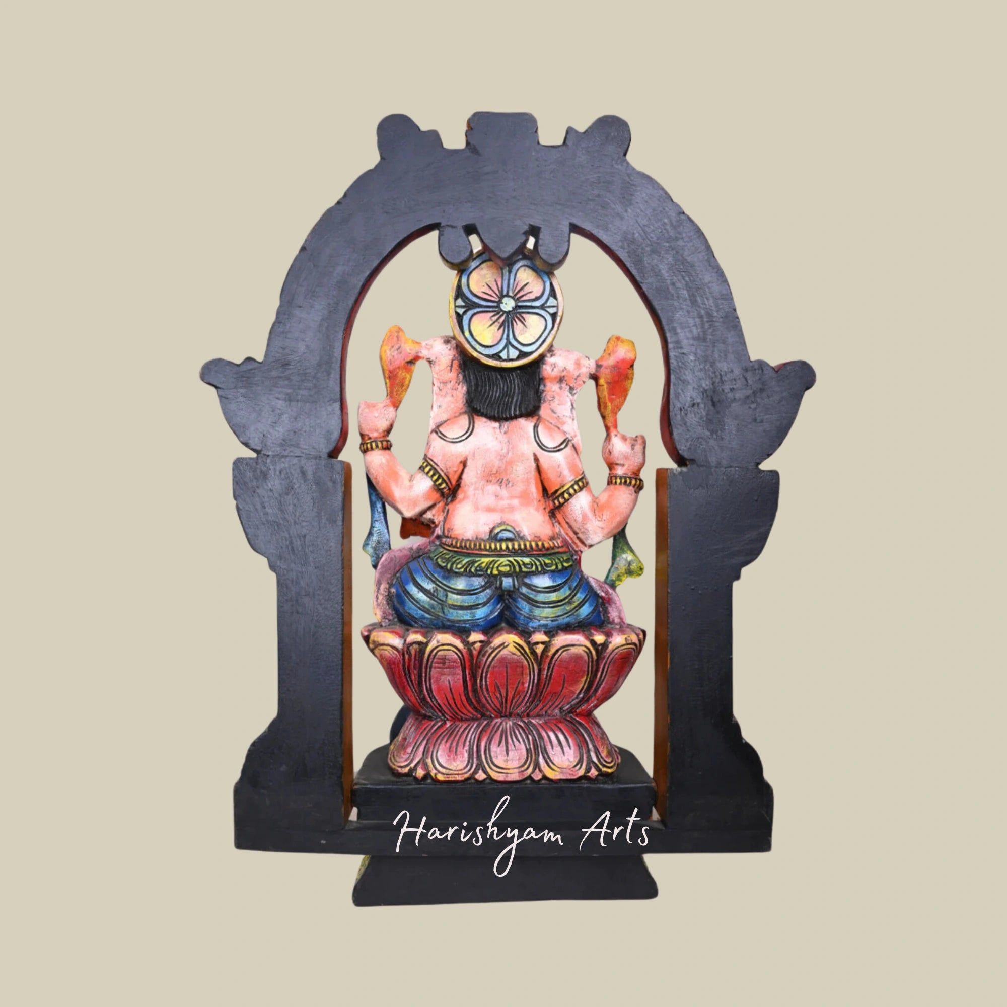 28" Vintage Wooden Ganesha Statue with Intricate Arch and Lotus Base
