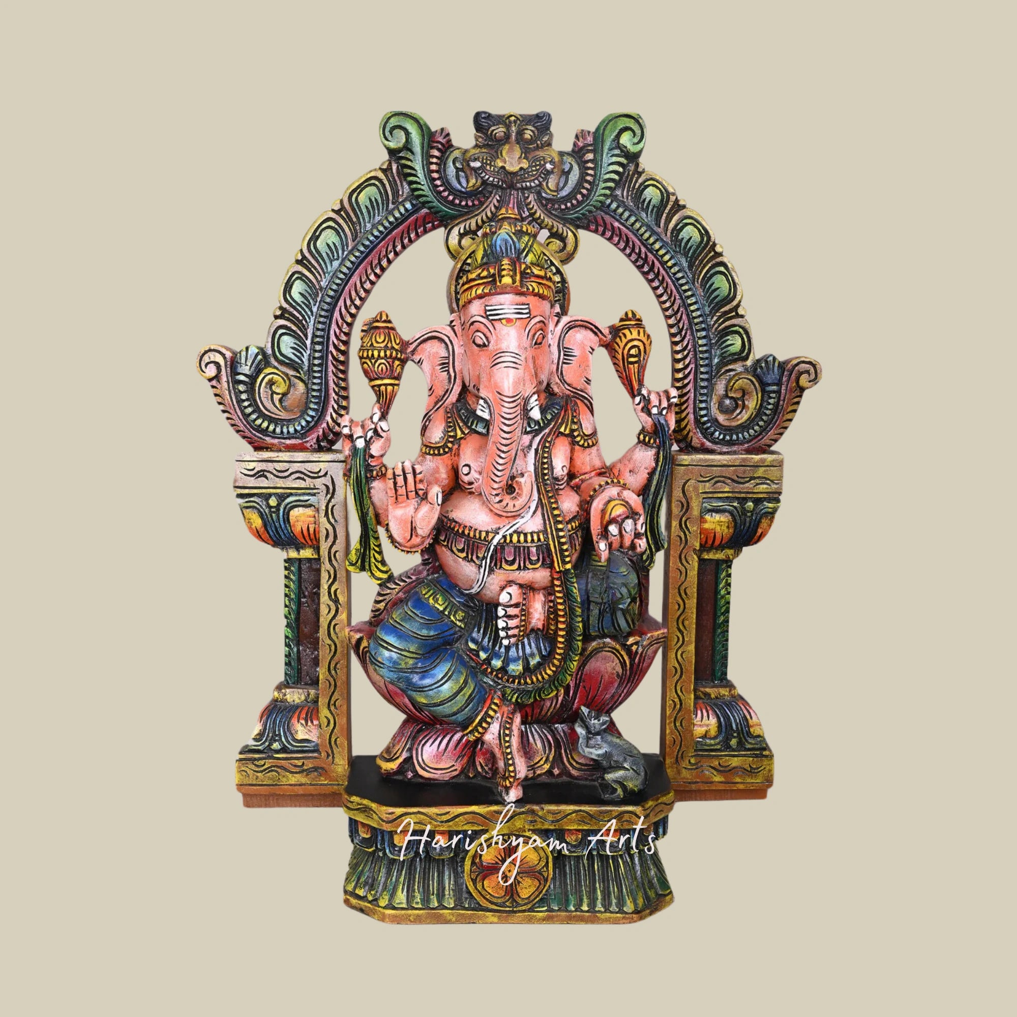 28" Vintage Wooden Ganesha Statue with Intricate Arch and Lotus Base