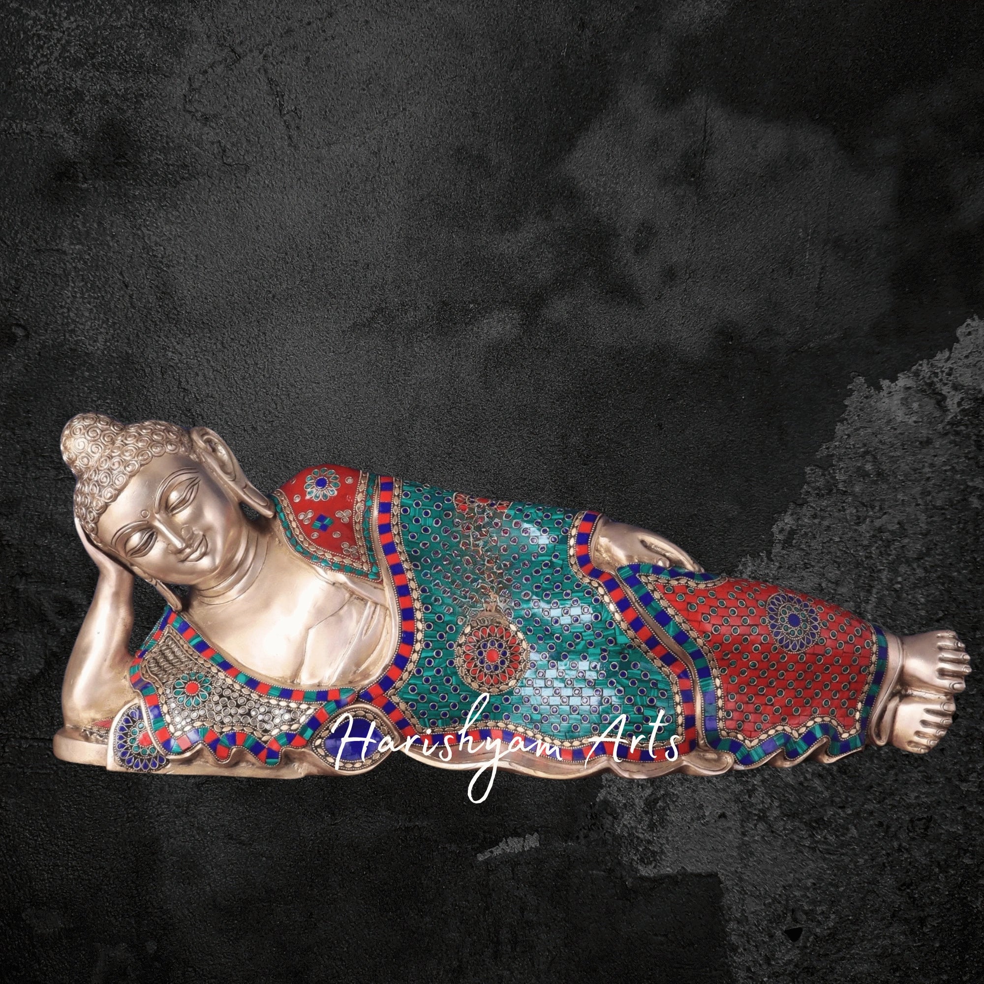 29" Brass Buddha Murti for Pooja in Resting Posture with Multicolor Stonework