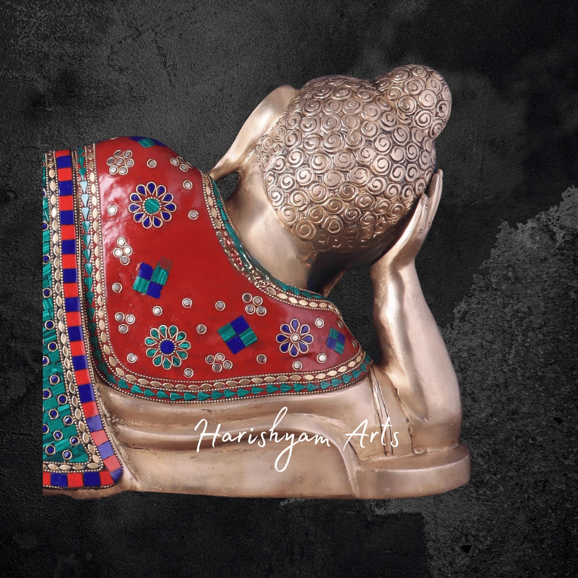 29" Brass Buddha Murti for Pooja in Resting Posture with Multicolor Stonework