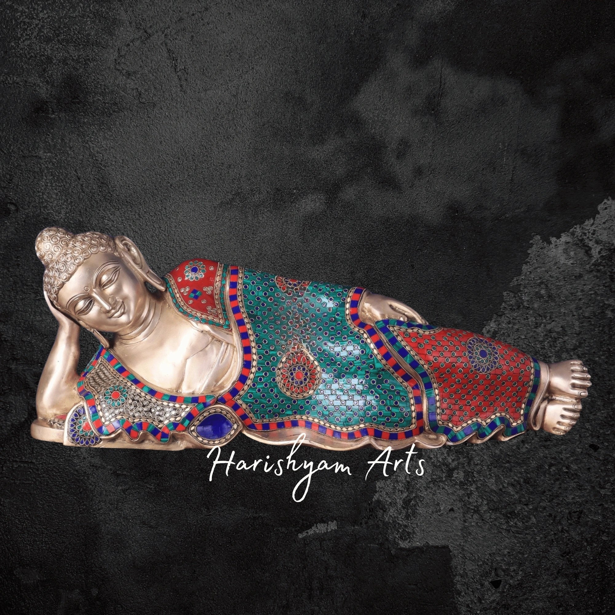 29" Brass Buddha Murti for Pooja in Resting Posture with Multicolor Stonework