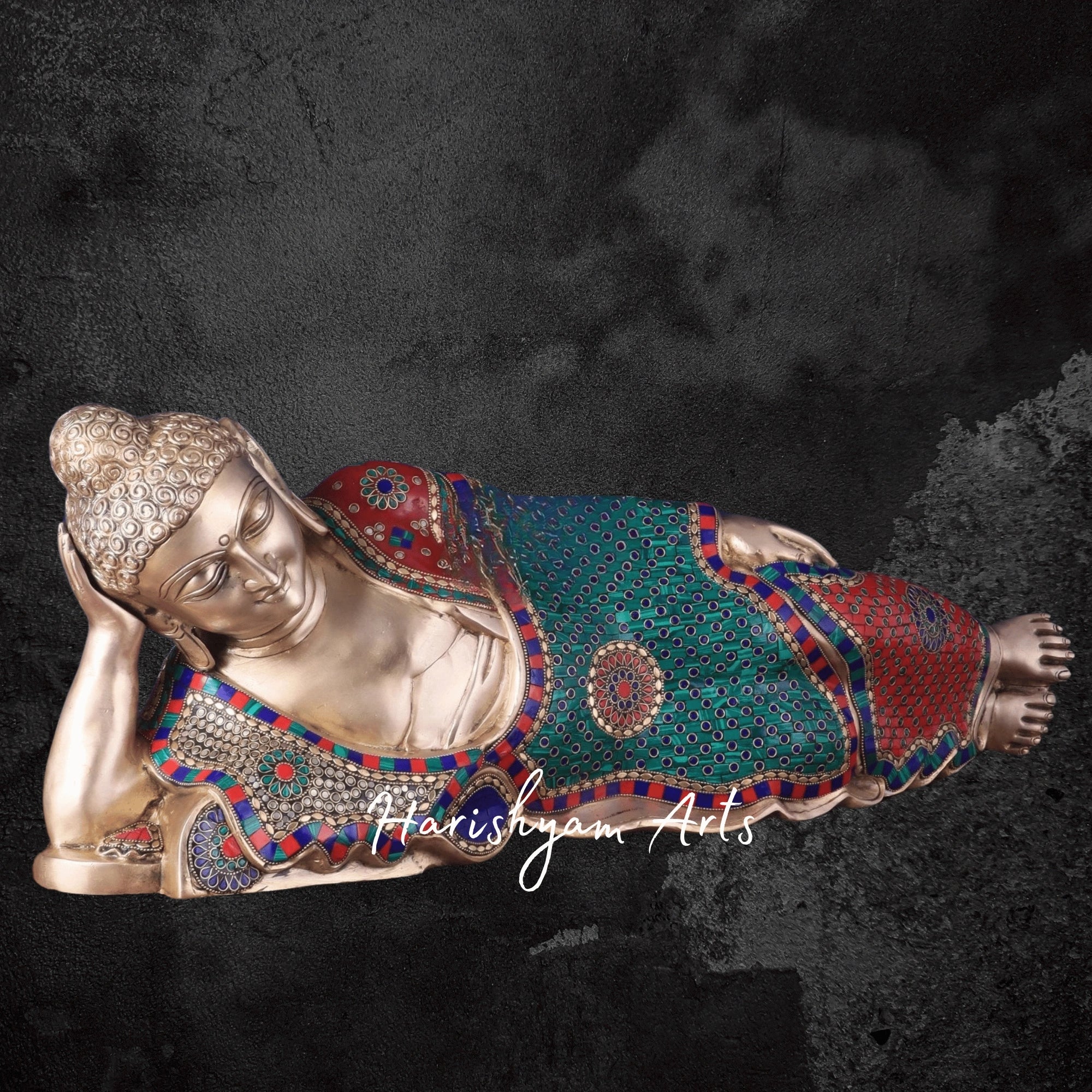 29" Brass Buddha Murti for Pooja in Resting Posture with Multicolor Stonework