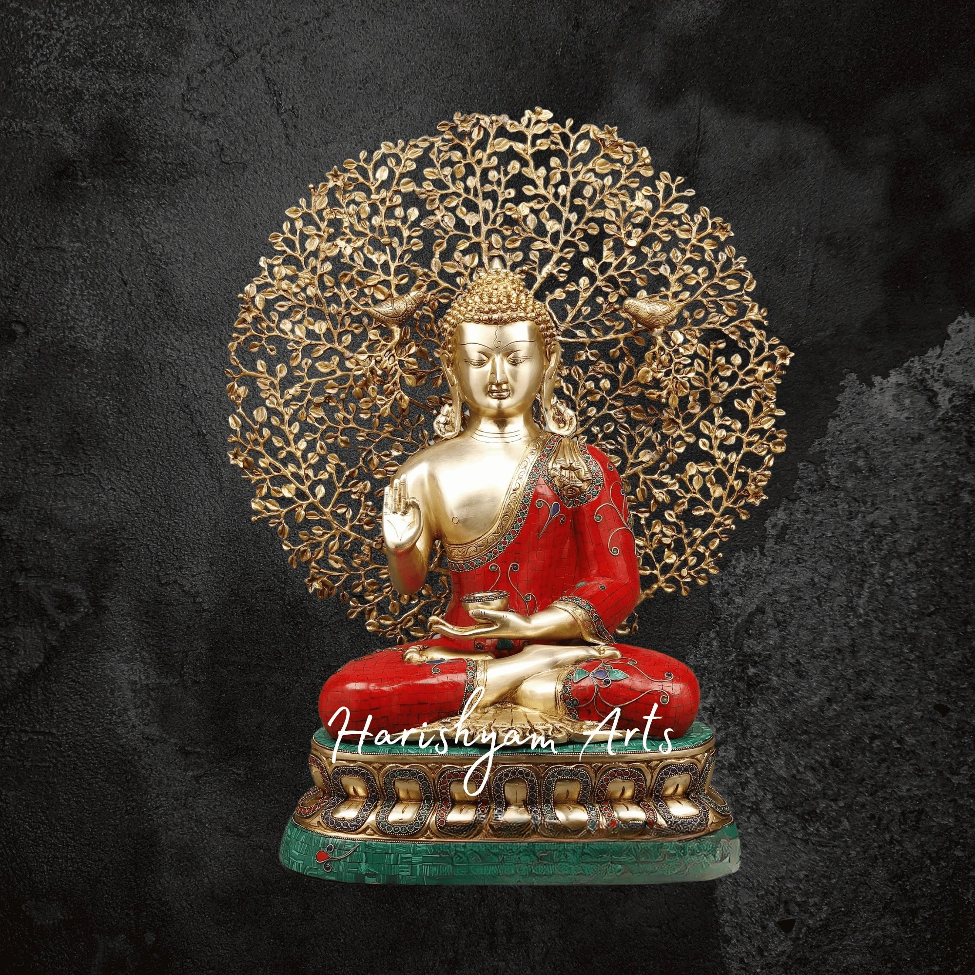 29" Brass Buddha Statue for Home with Tree Red and Turquoise Stonework