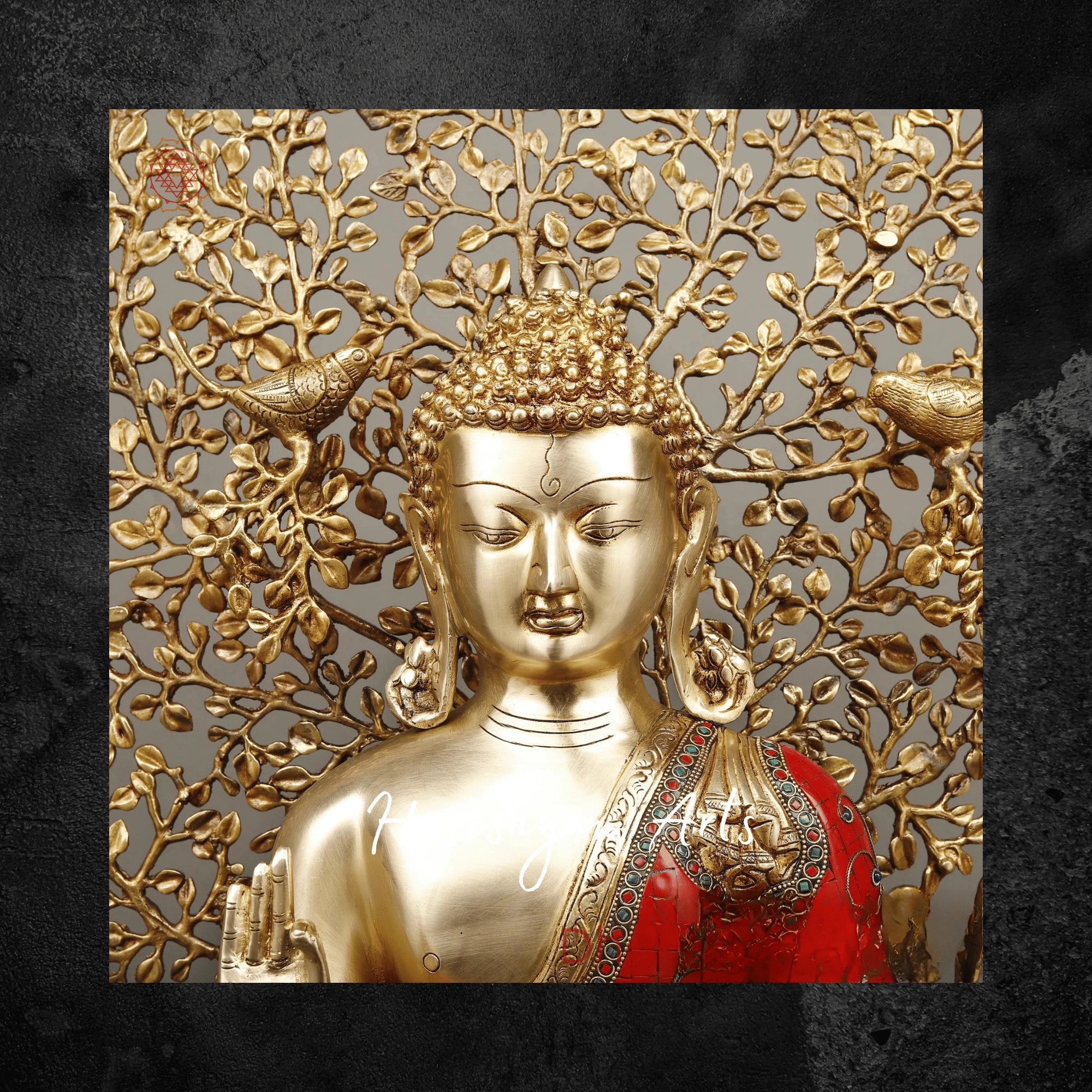 29" Brass Buddha Statue for Home with Tree Red and Turquoise Stonework