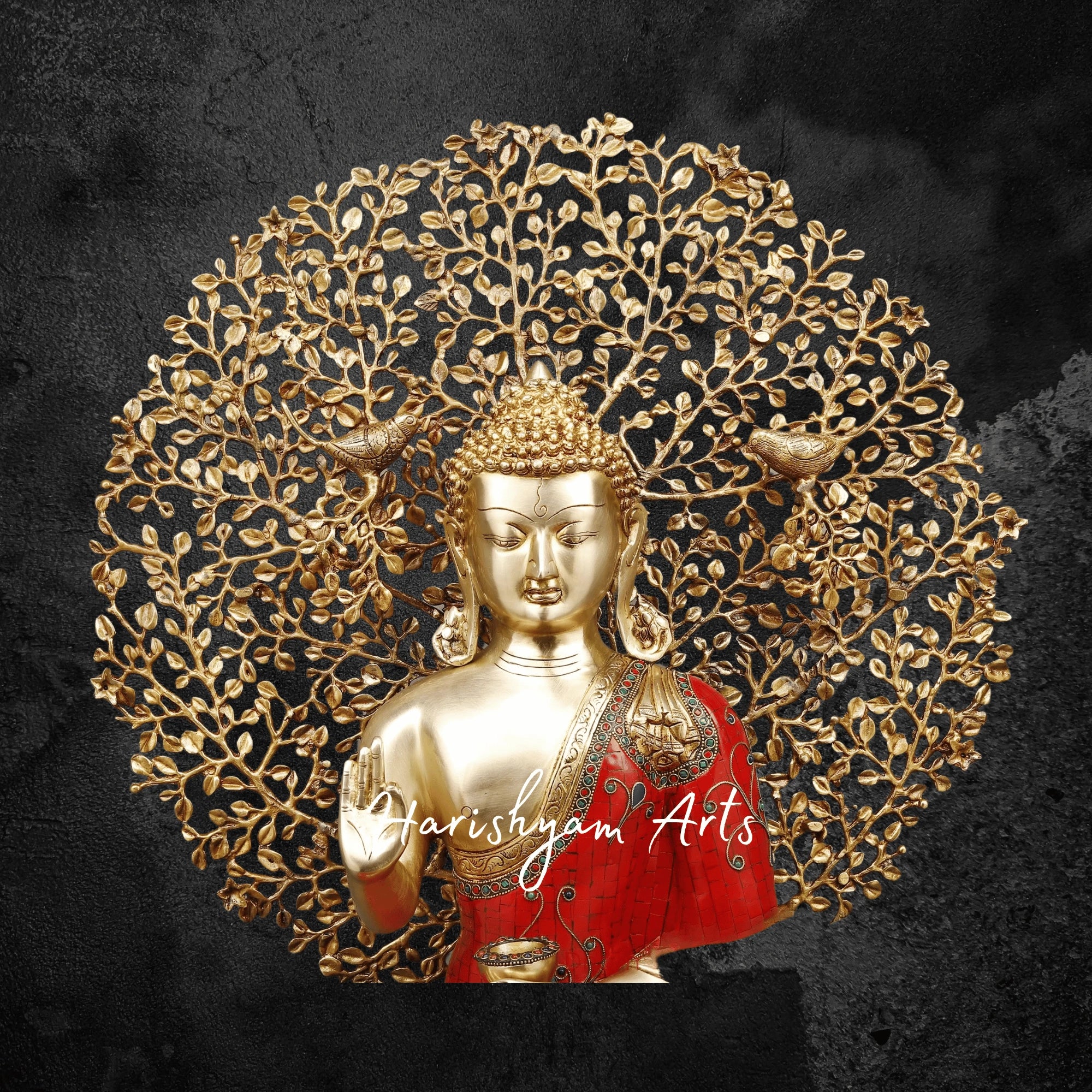 29" Brass Buddha Statue for Home with Tree Red and Turquoise Stonework