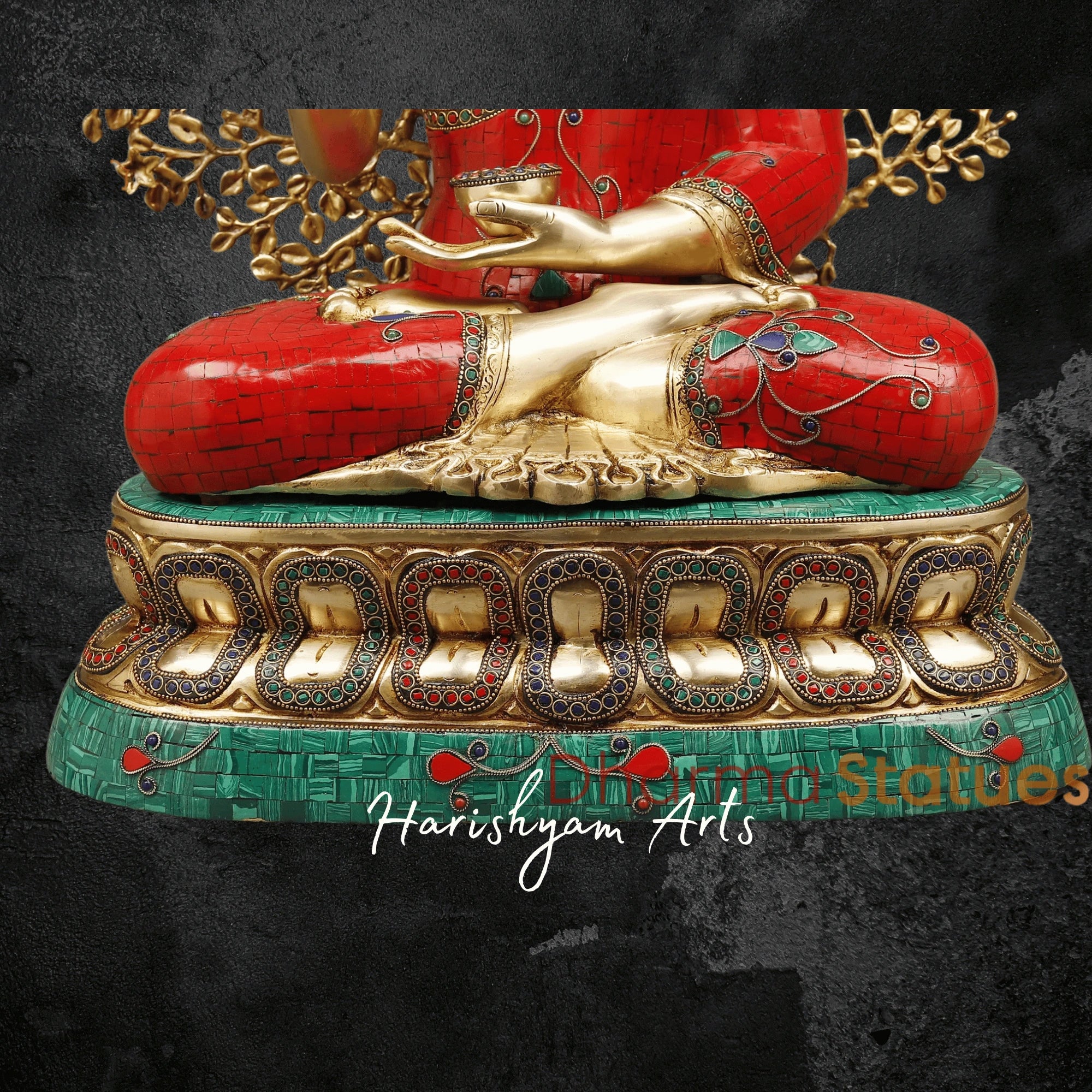 29" Brass Buddha Statue for Home with Tree Red and Turquoise Stonework