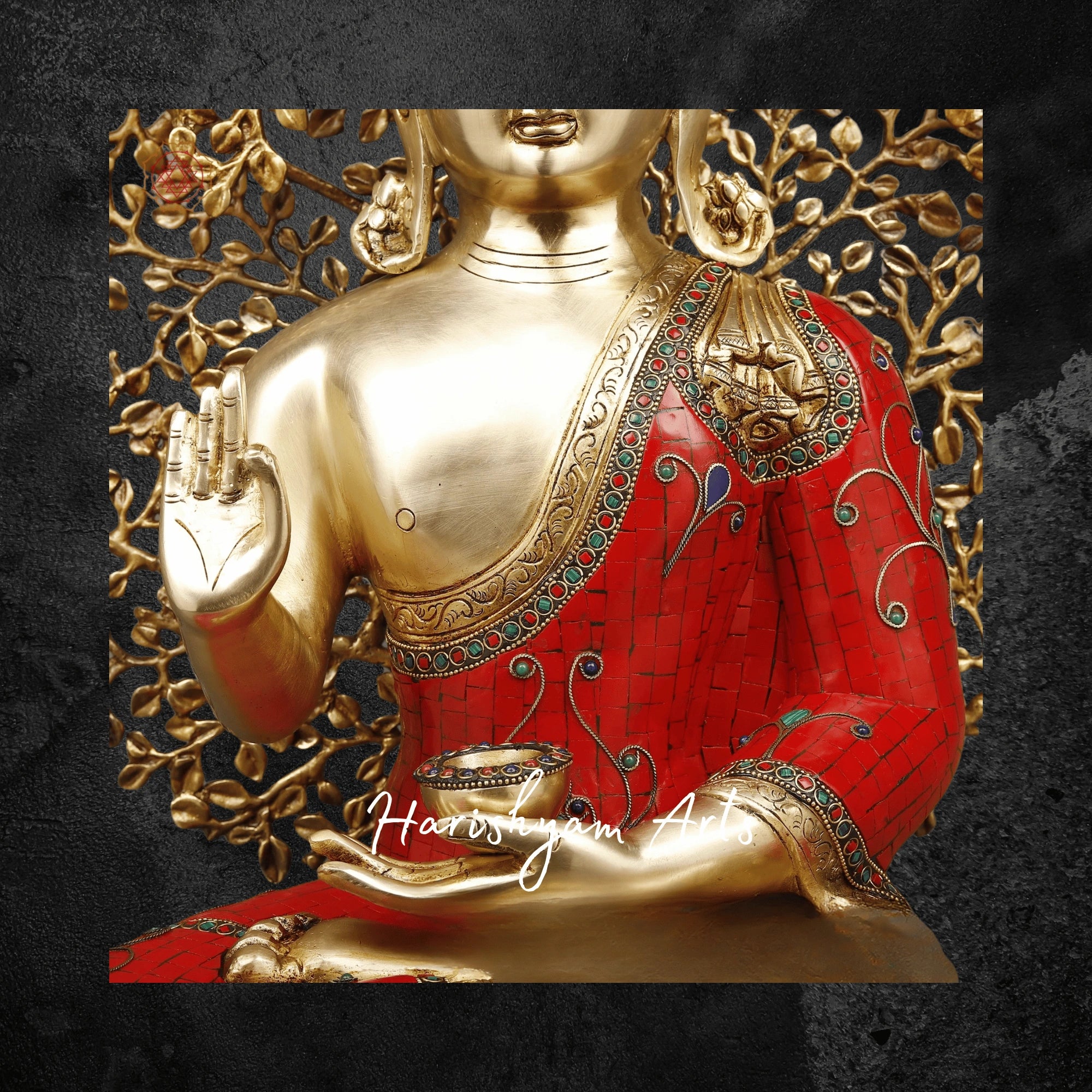29" Brass Buddha Statue for Home with Tree Red and Turquoise Stonework