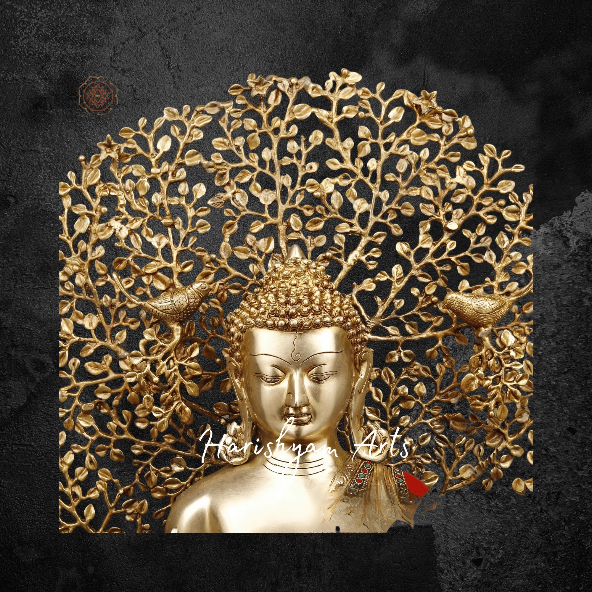 29" Brass Buddha Statue for Home with Tree Red and Turquoise Stonework