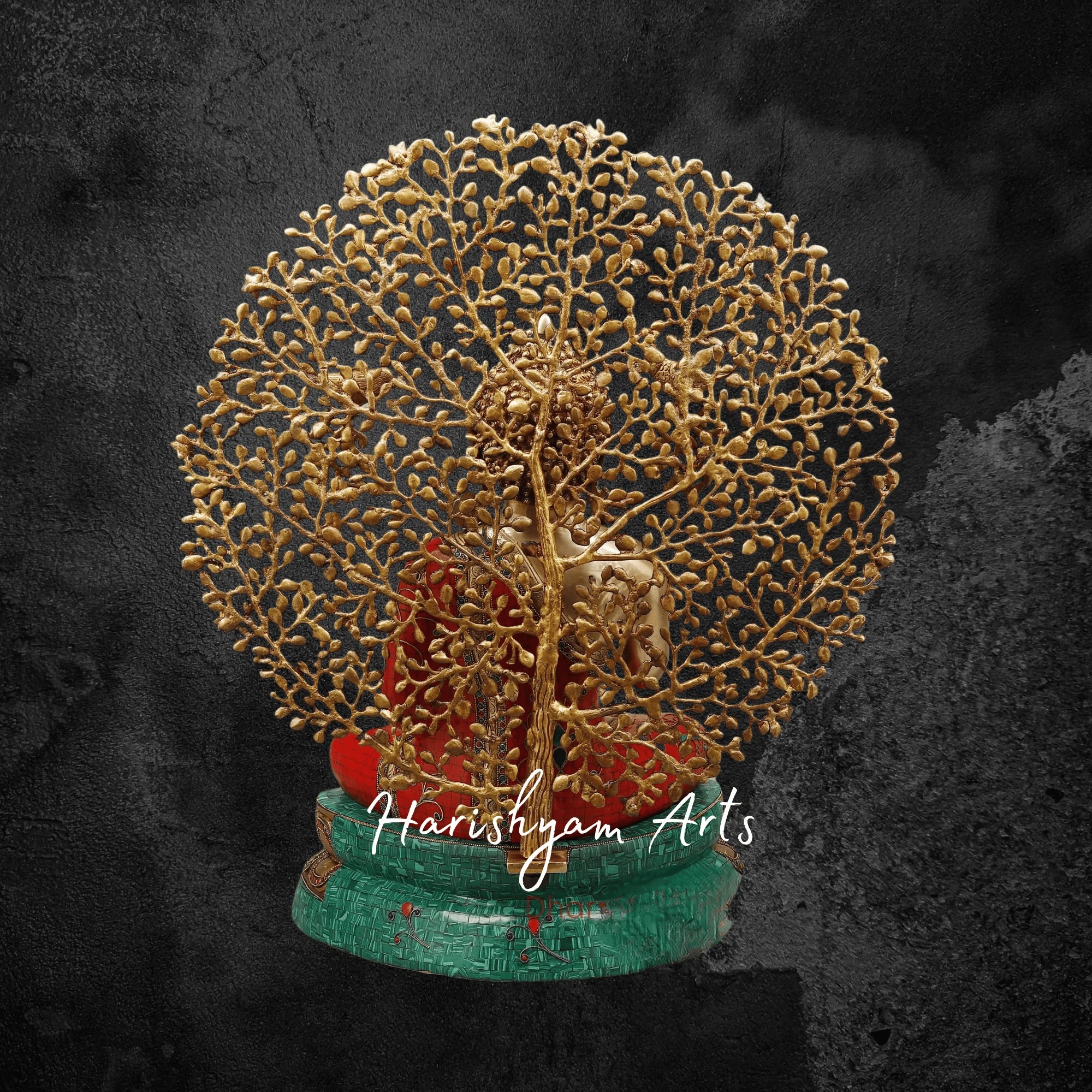 29" Brass Buddha Statue for Home with Tree Red and Turquoise Stonework