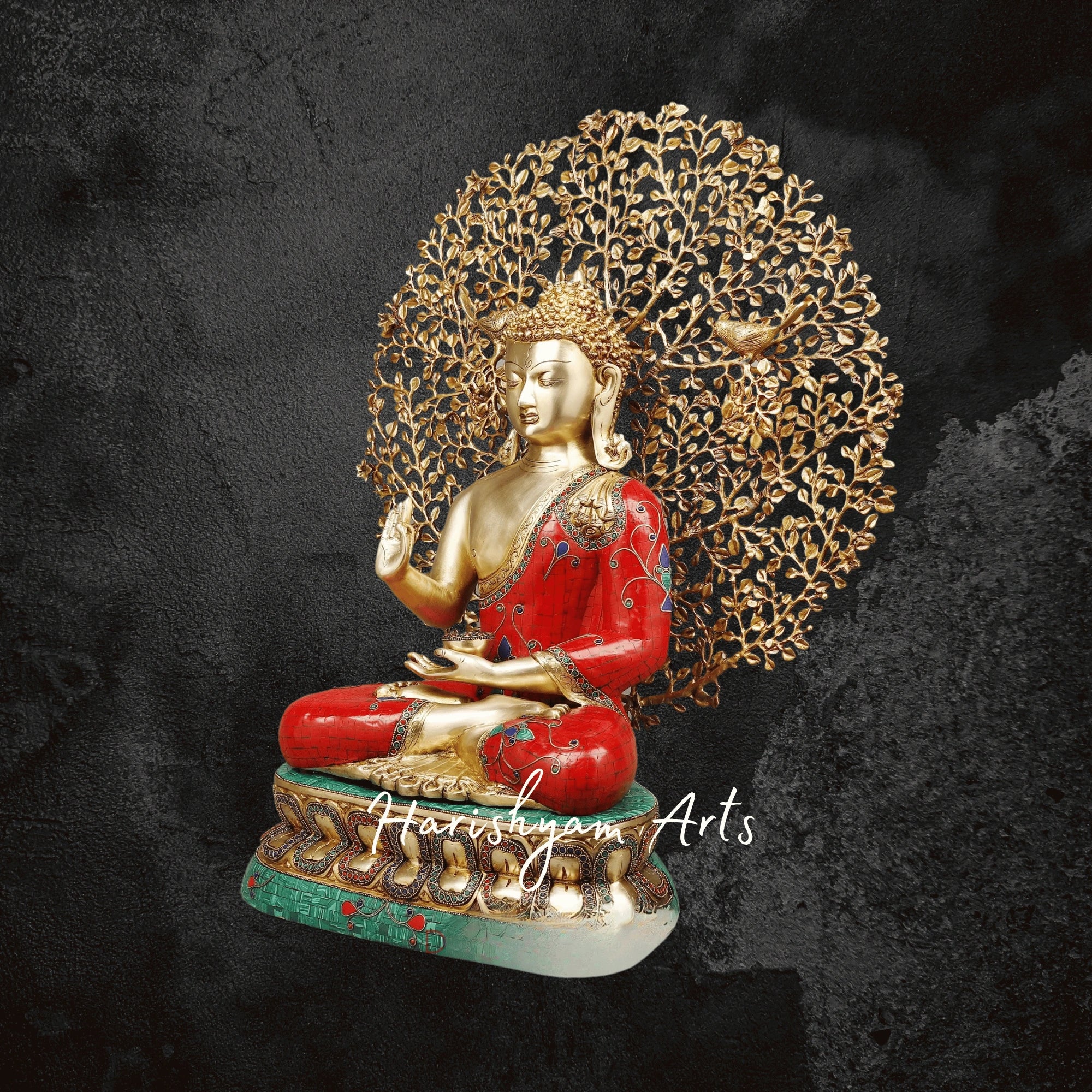 29" Brass Buddha Statue for Home with Tree Red and Turquoise Stonework