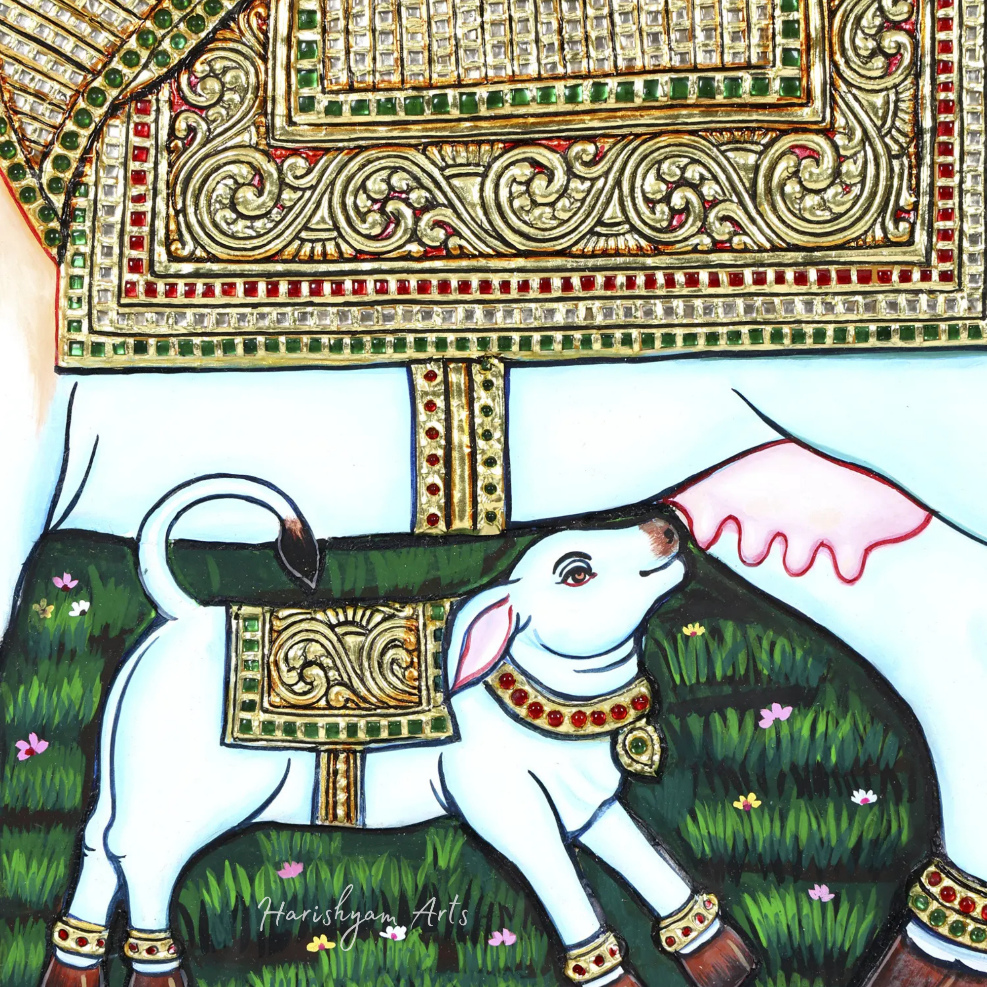 29" Framed Tanjore Art of Kamadhenu Cow with Calf - A Symbol of Divinity2