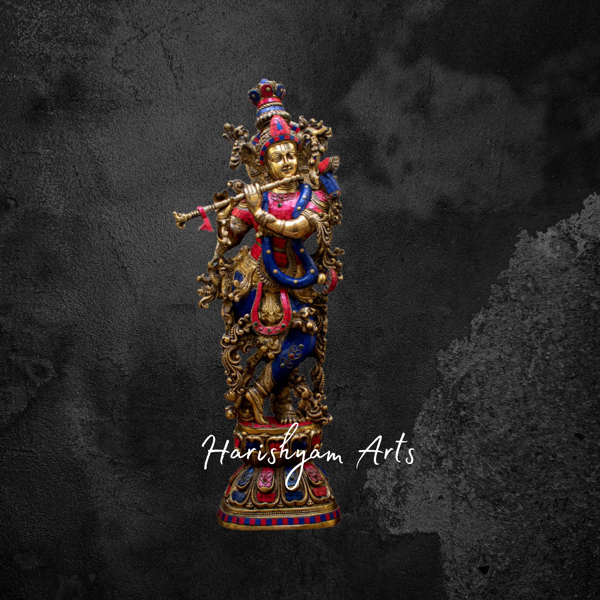 29" Grand Brass Krishna Idol with Exquisite Stone Embellishments