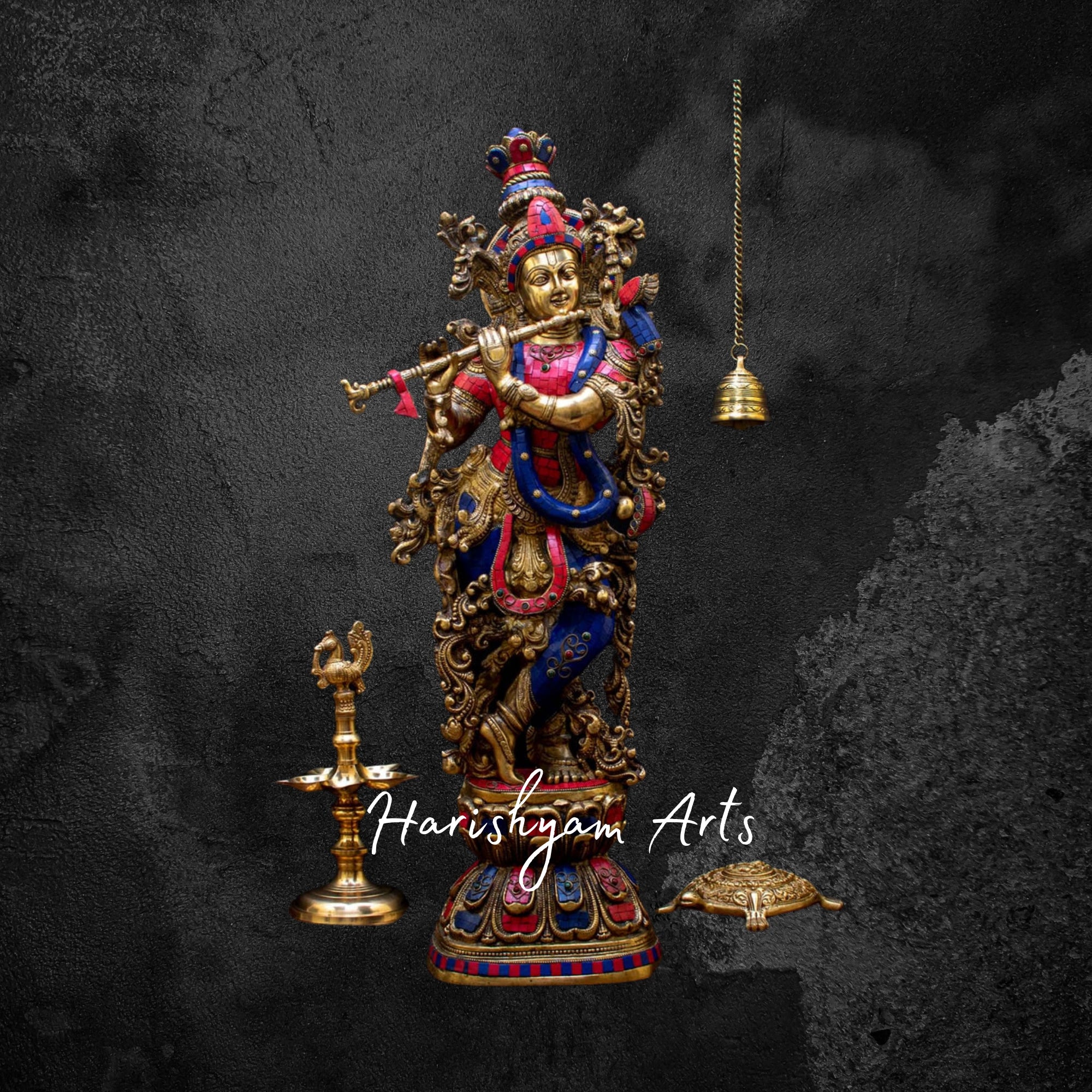 29" Grand Brass Krishna Idol with Exquisite Stone Embellishments