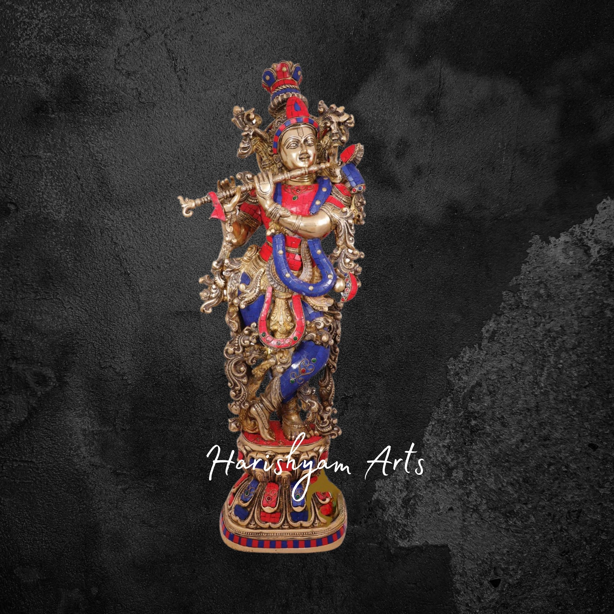 29" Grand Brass Krishna Idol with Exquisite Stone Embellishments
