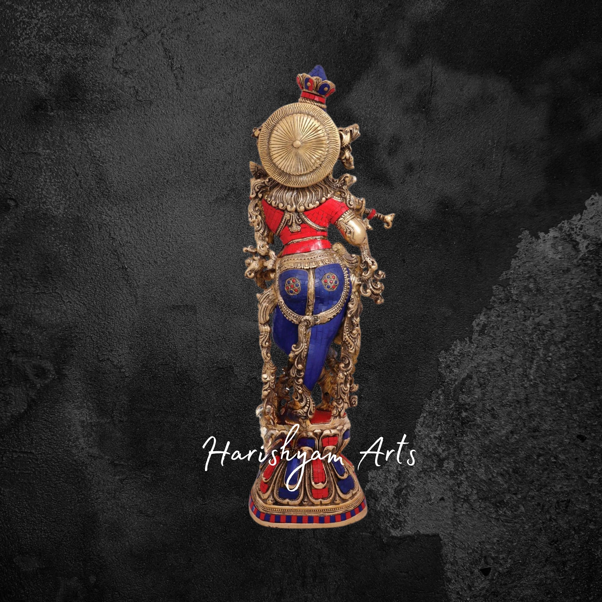 29" Grand Brass Krishna Idol with Exquisite Stone Embellishments