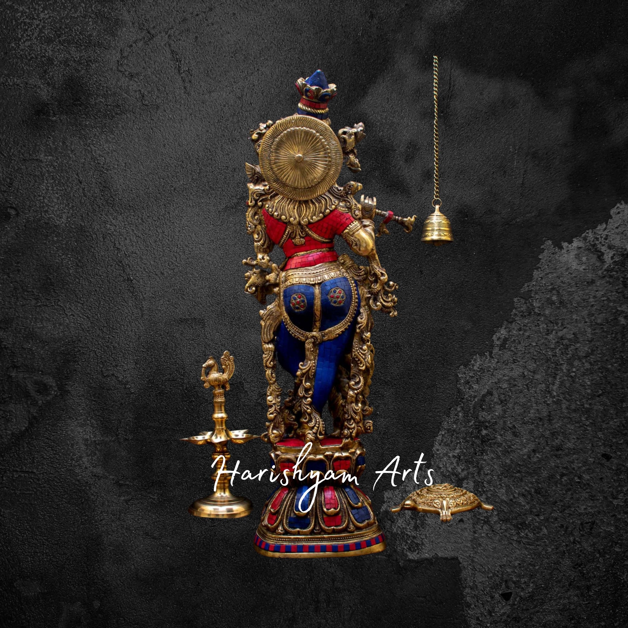 29" Grand Brass Krishna Idol with Exquisite Stone Embellishments
