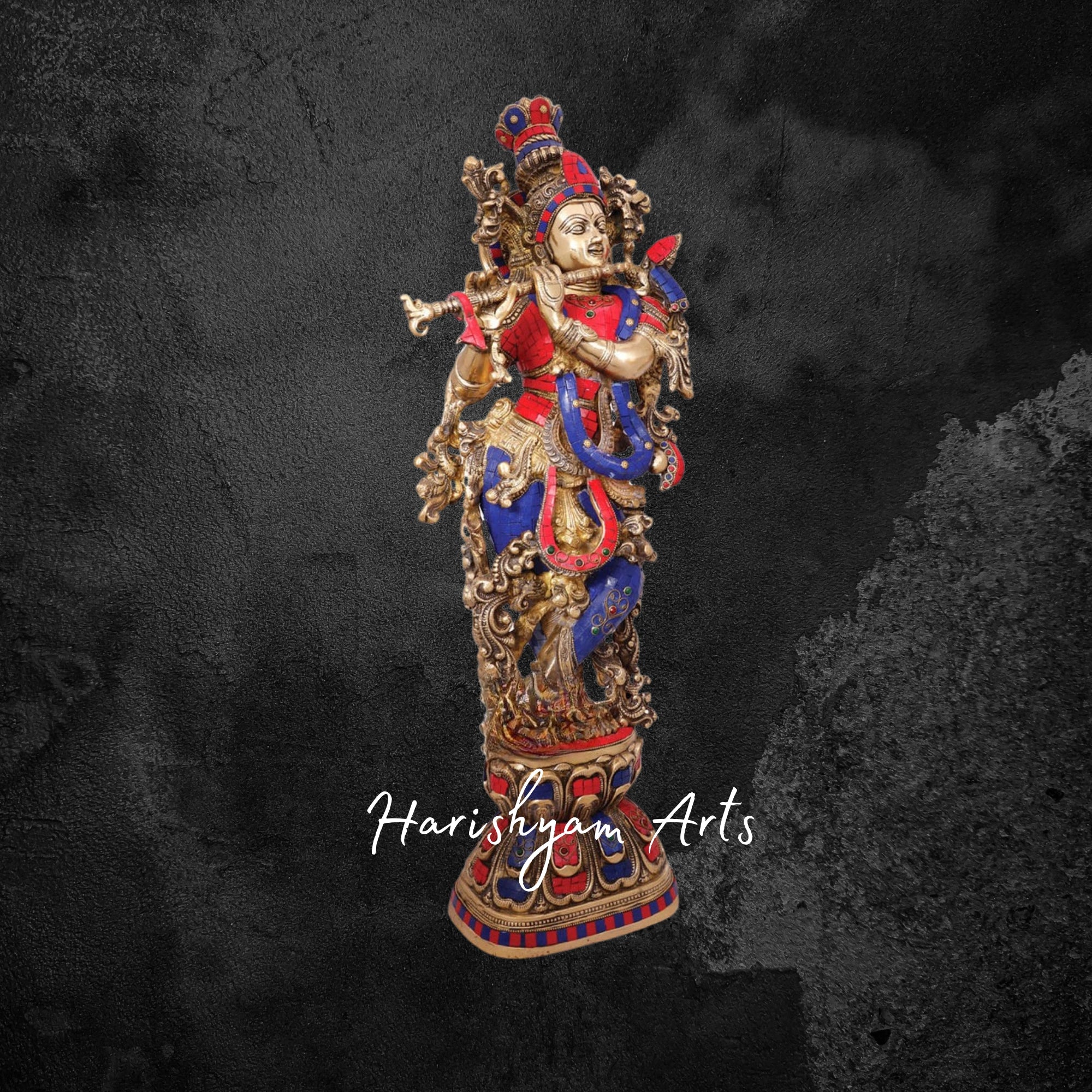 29" Grand Brass Krishna Idol with Exquisite Stone Embellishments