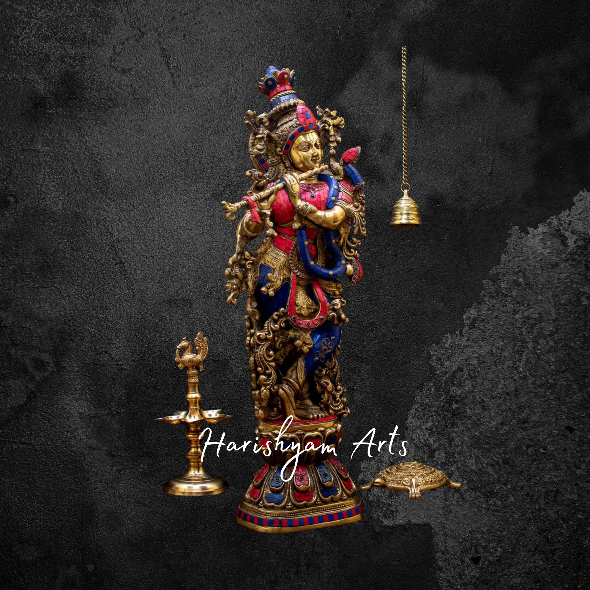 29" Grand Brass Krishna Idol with Exquisite Stone Embellishments