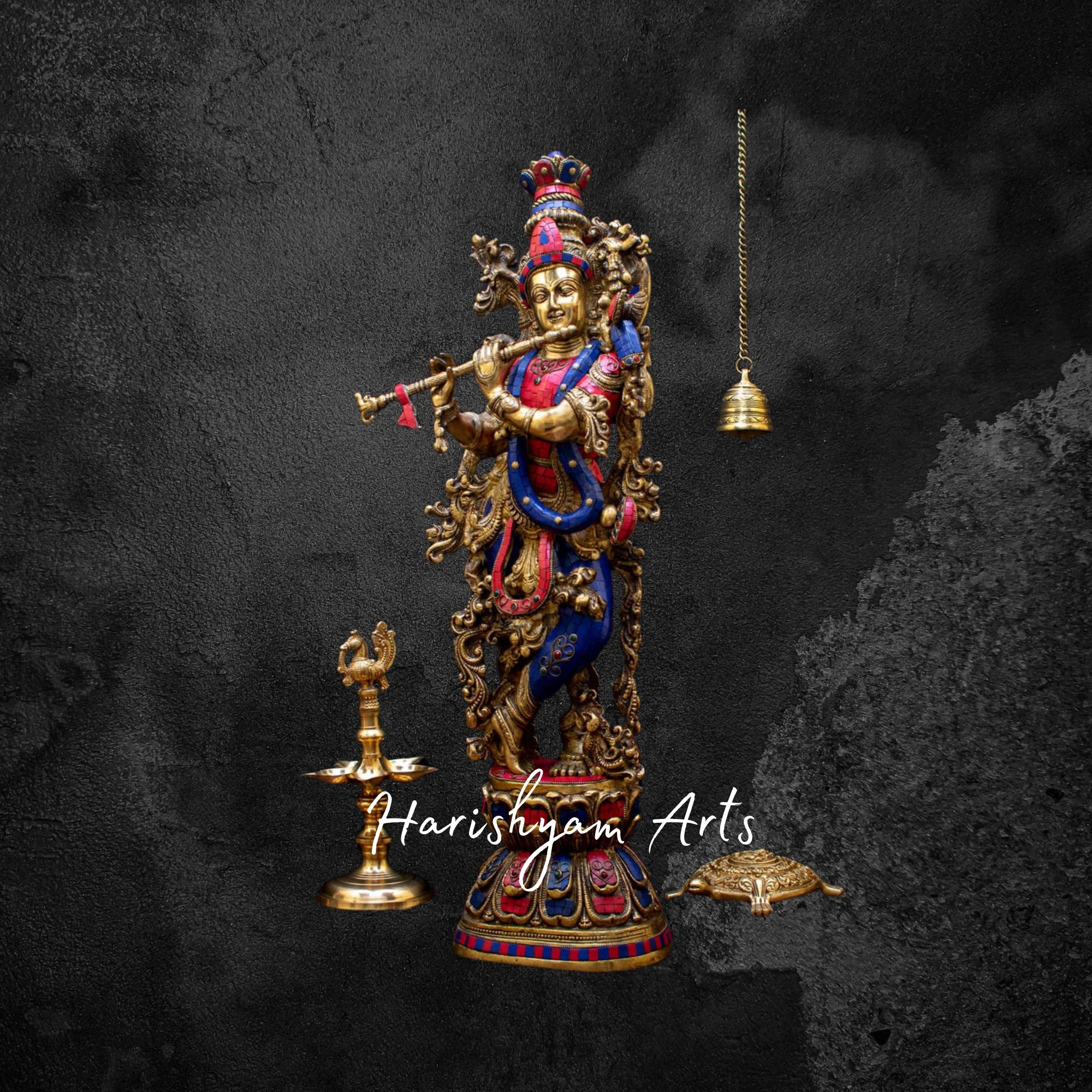 29" Grand Brass Krishna Idol with Exquisite Stone Embellishments