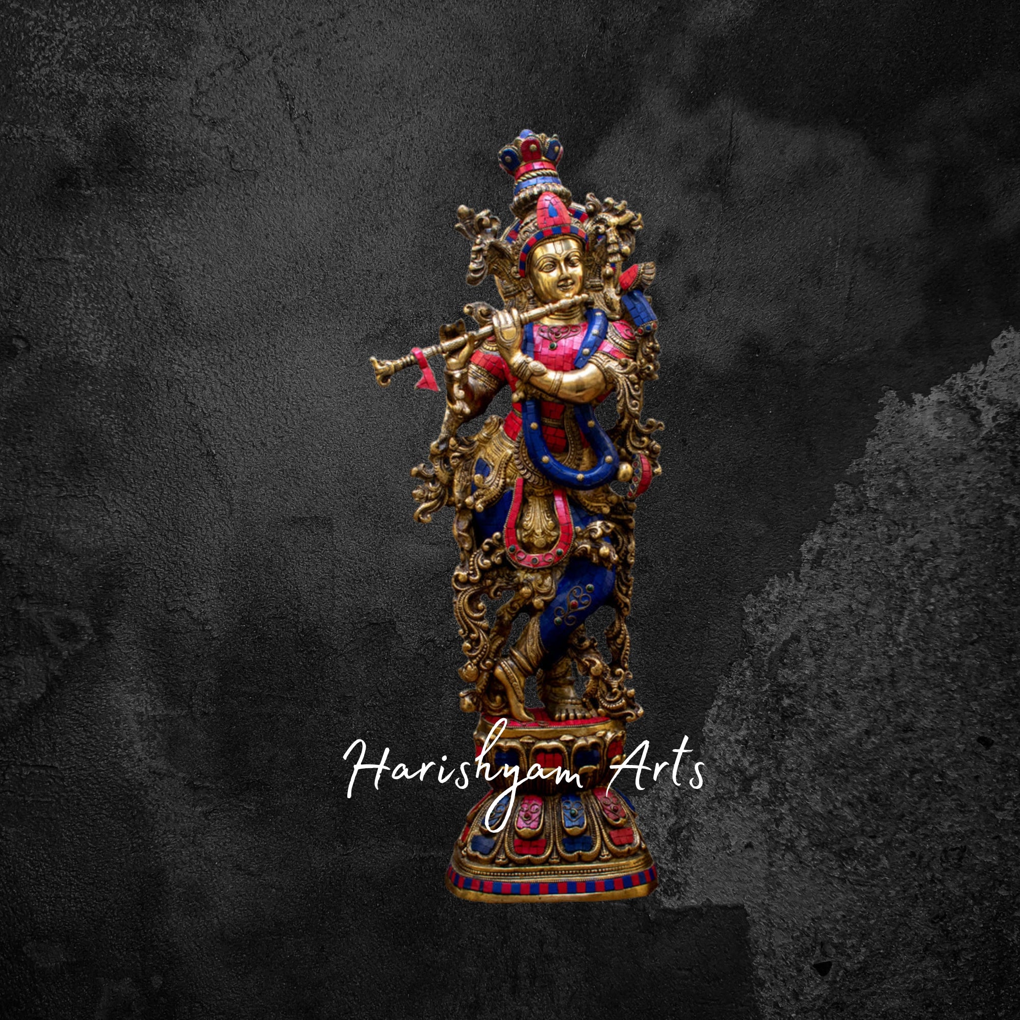 29" Grand Brass Krishna Idol with Exquisite Stone Embellishments