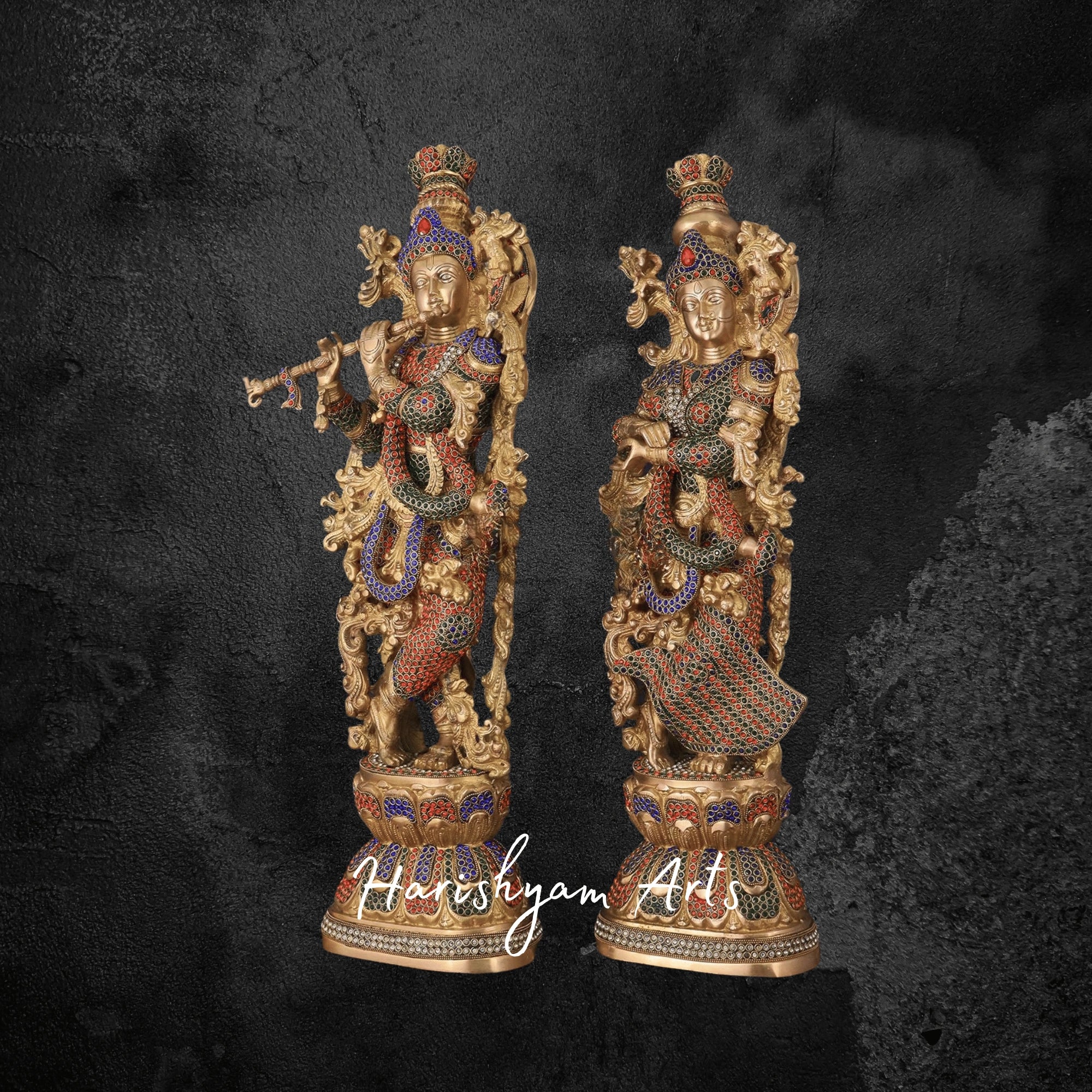 29" Meenakari Brass Radha Krishna Idol with Traditional Jewels