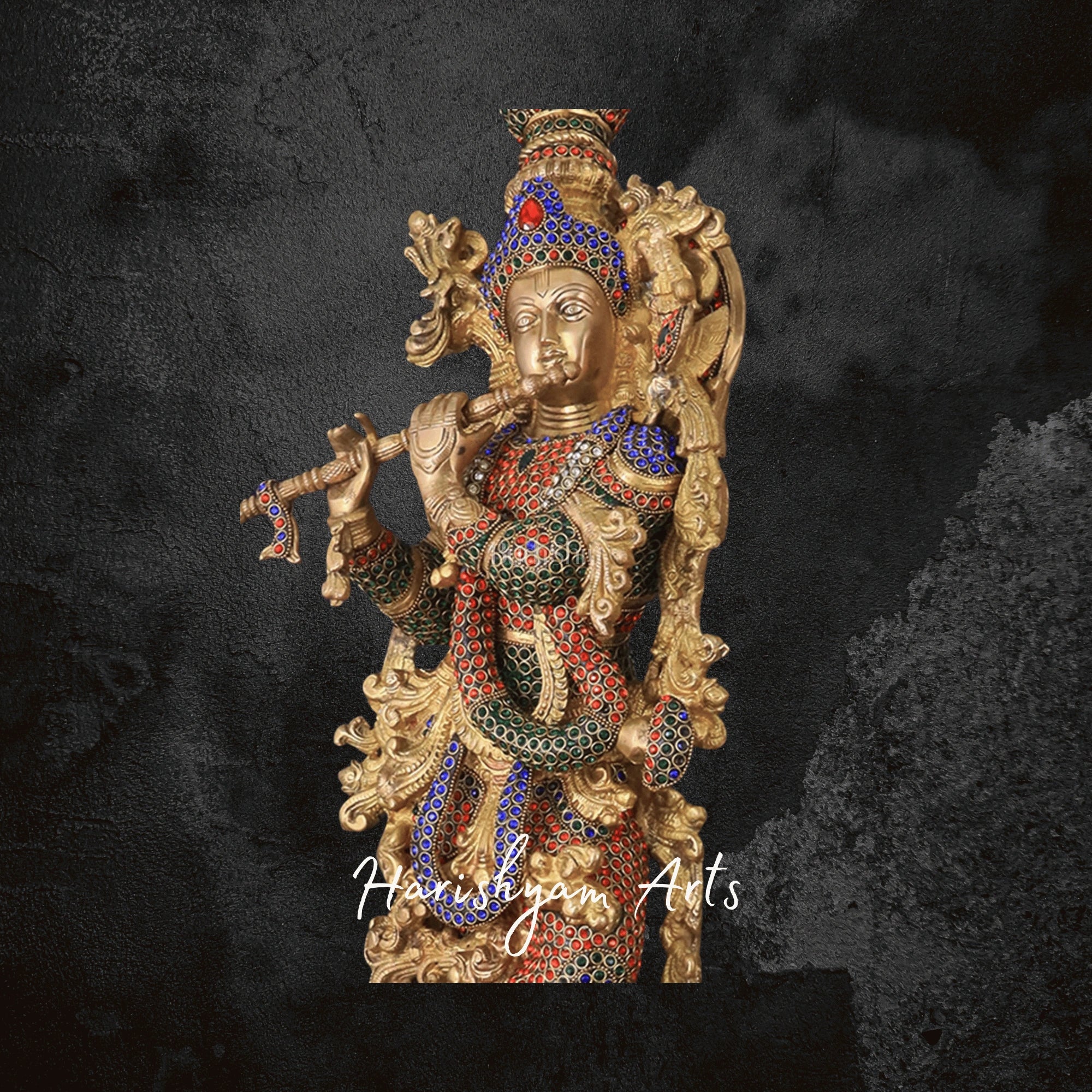 29" Meenakari Brass Radha Krishna Idol with Traditional Jewels