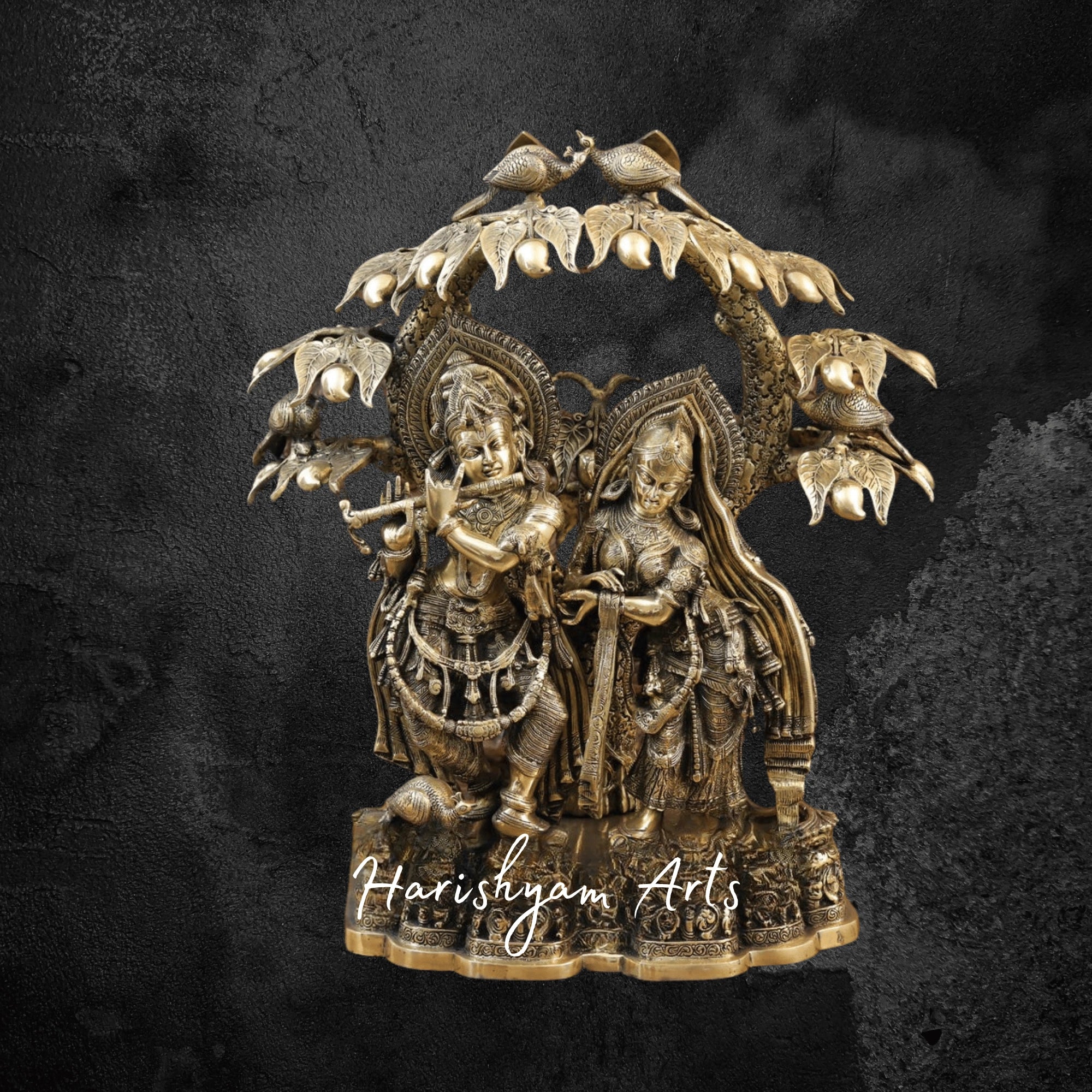 29" Radha Krishna Brass Idol Playing Flute beneath Mango Tree