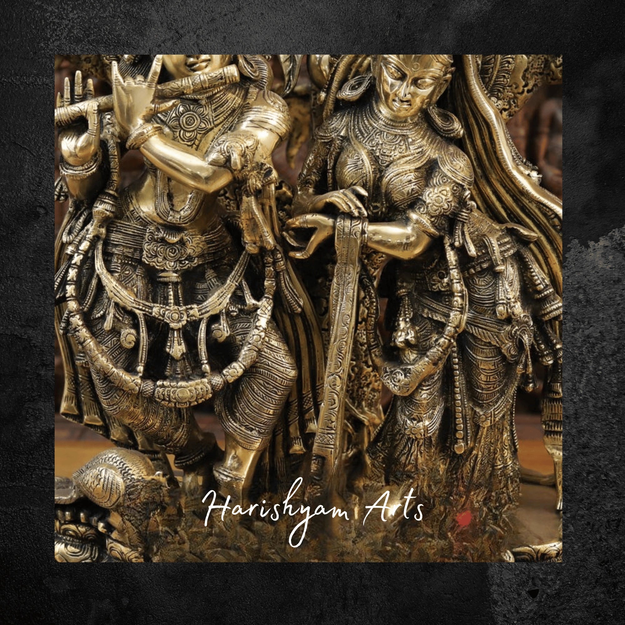 29" Radha Krishna Brass Idol Playing Flute beneath Mango Tree