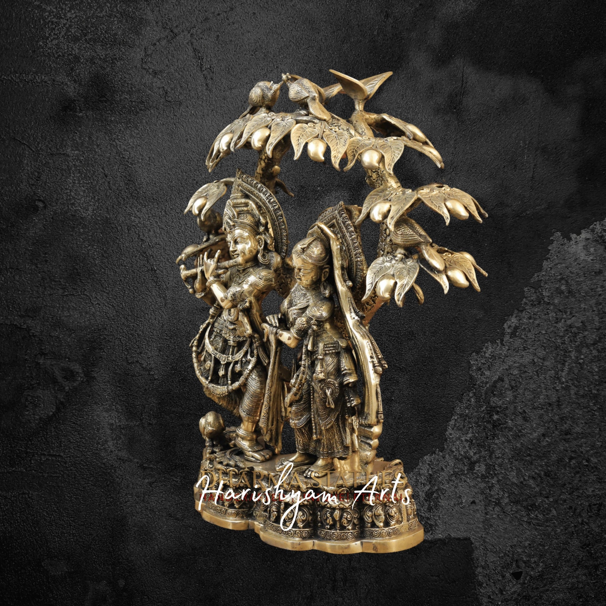 29" Radha Krishna Brass Idol Playing Flute beneath Mango Tree