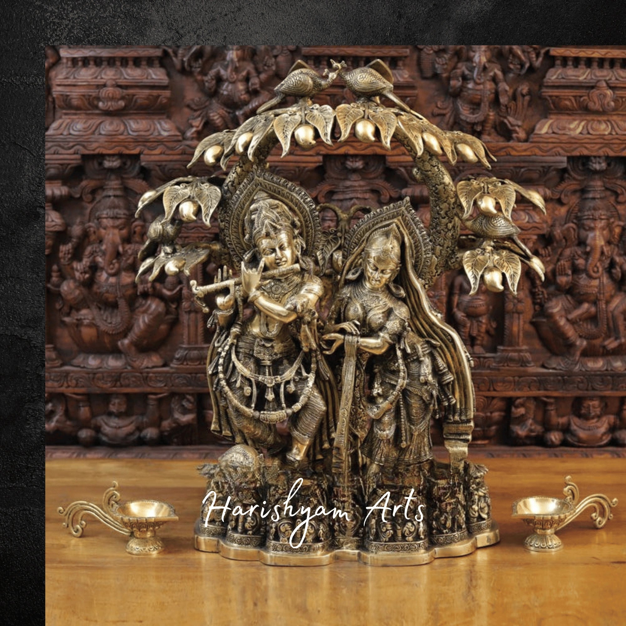 29" Radha Krishna Brass Idol Playing Flute beneath Mango Tree