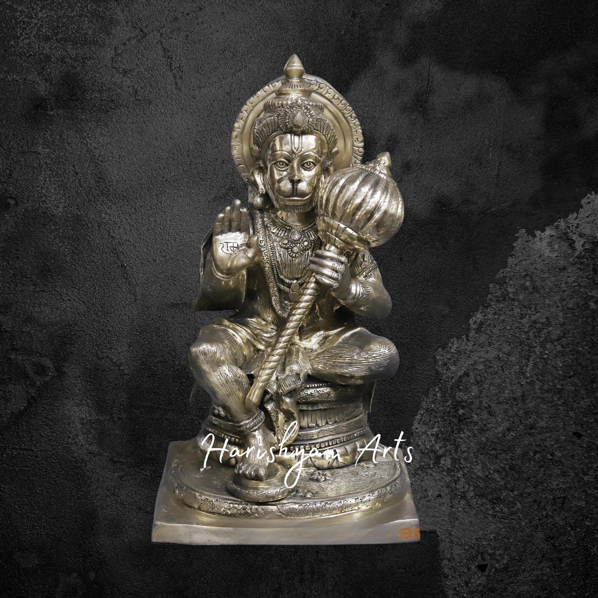 30" Brass Hanuman Idol Seated in Blessing Posture with Fine Golden Finish