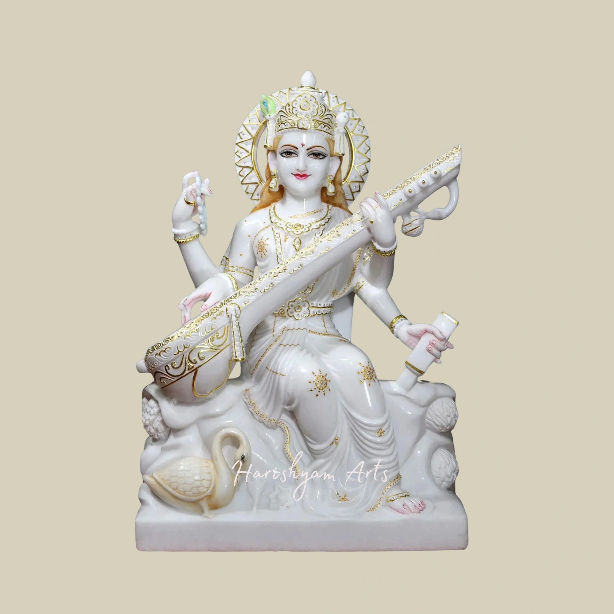 30" Goddess Saraswati Deity in Super White Vietnam Marble