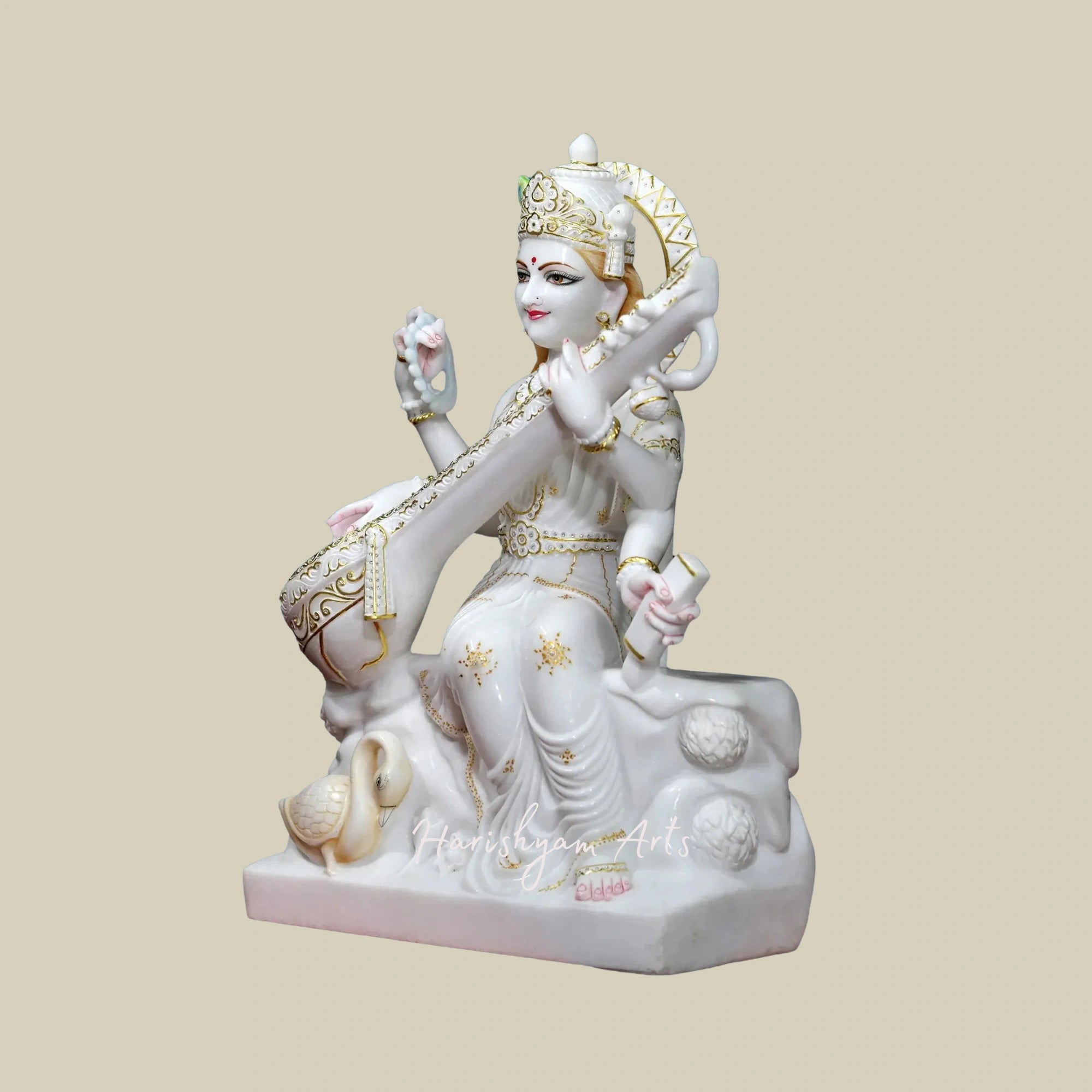 30" Goddess Saraswati Deity in Super White Vietnam Marble1
