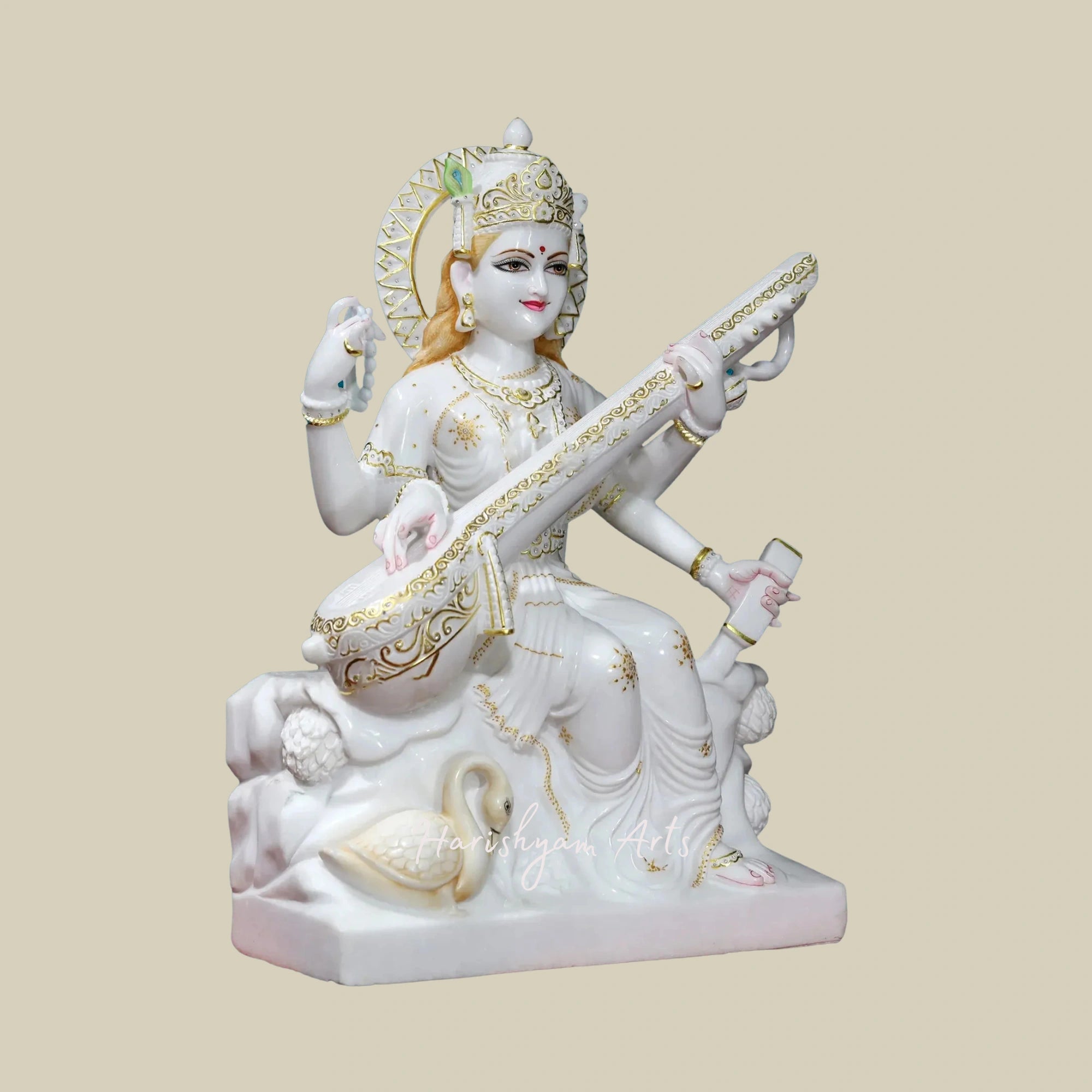 30" Goddess Saraswati Deity in Super White Vietnam Marble2