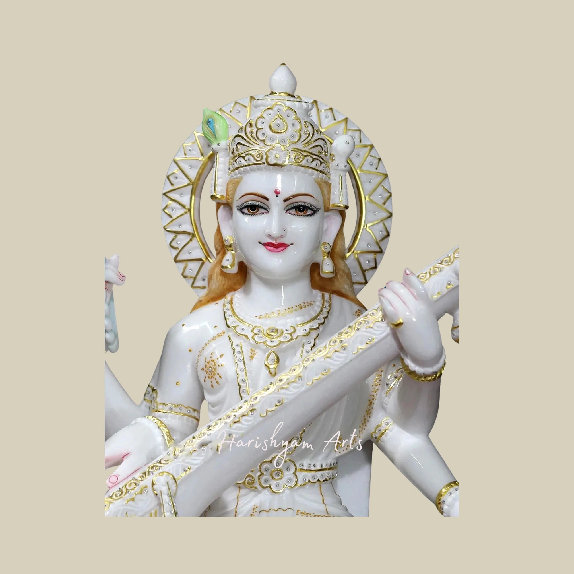 30" Goddess Saraswati Deity in Super White Vietnam Marble3