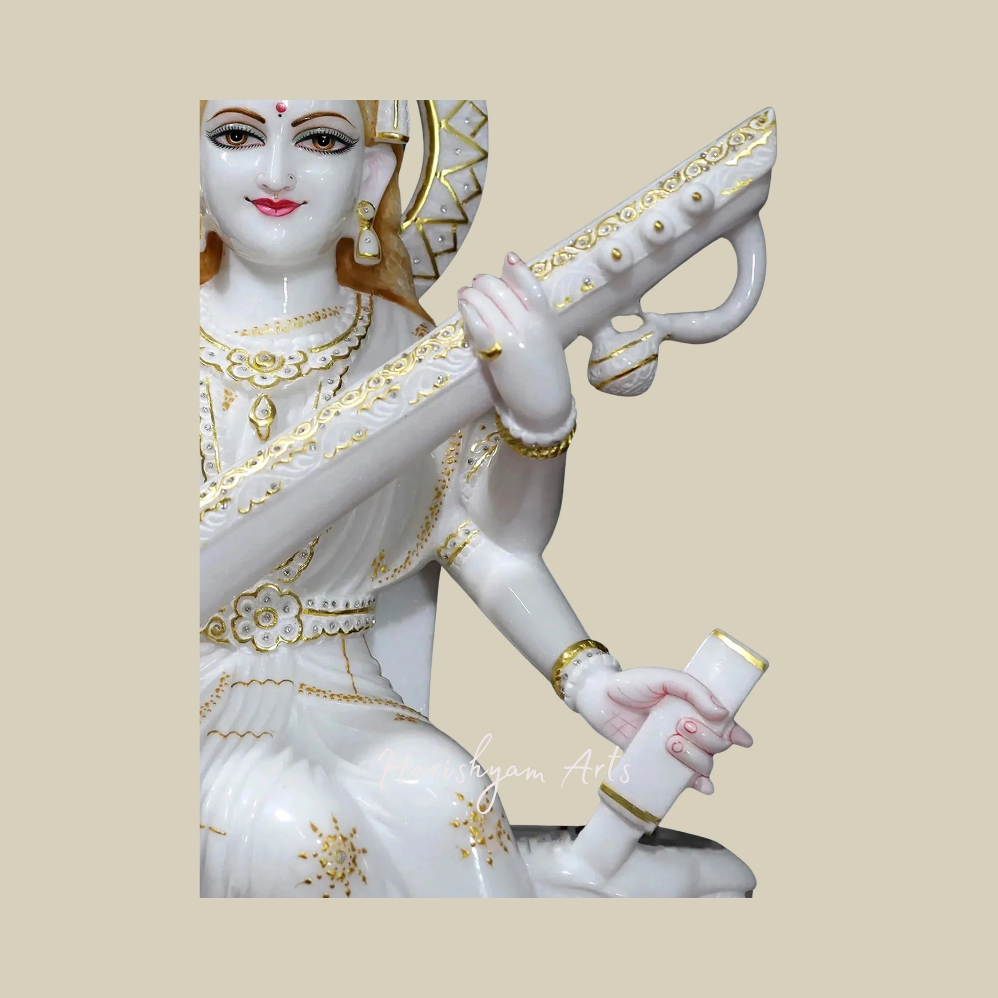 30" Goddess Saraswati Deity in Super White Vietnam Marble4