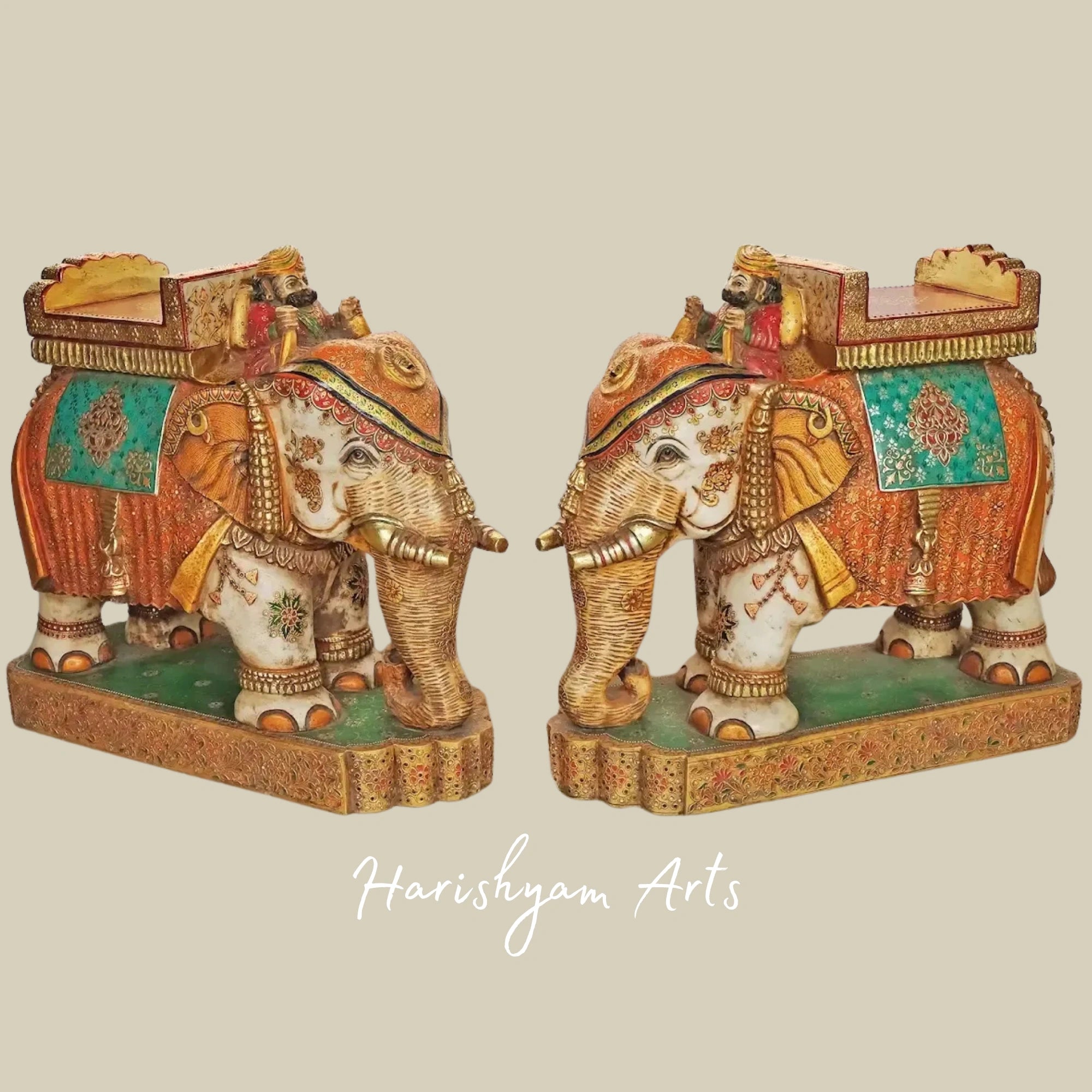 30" Majestic Large Marble Elephant Pair Hand Carved Home Decor Statues