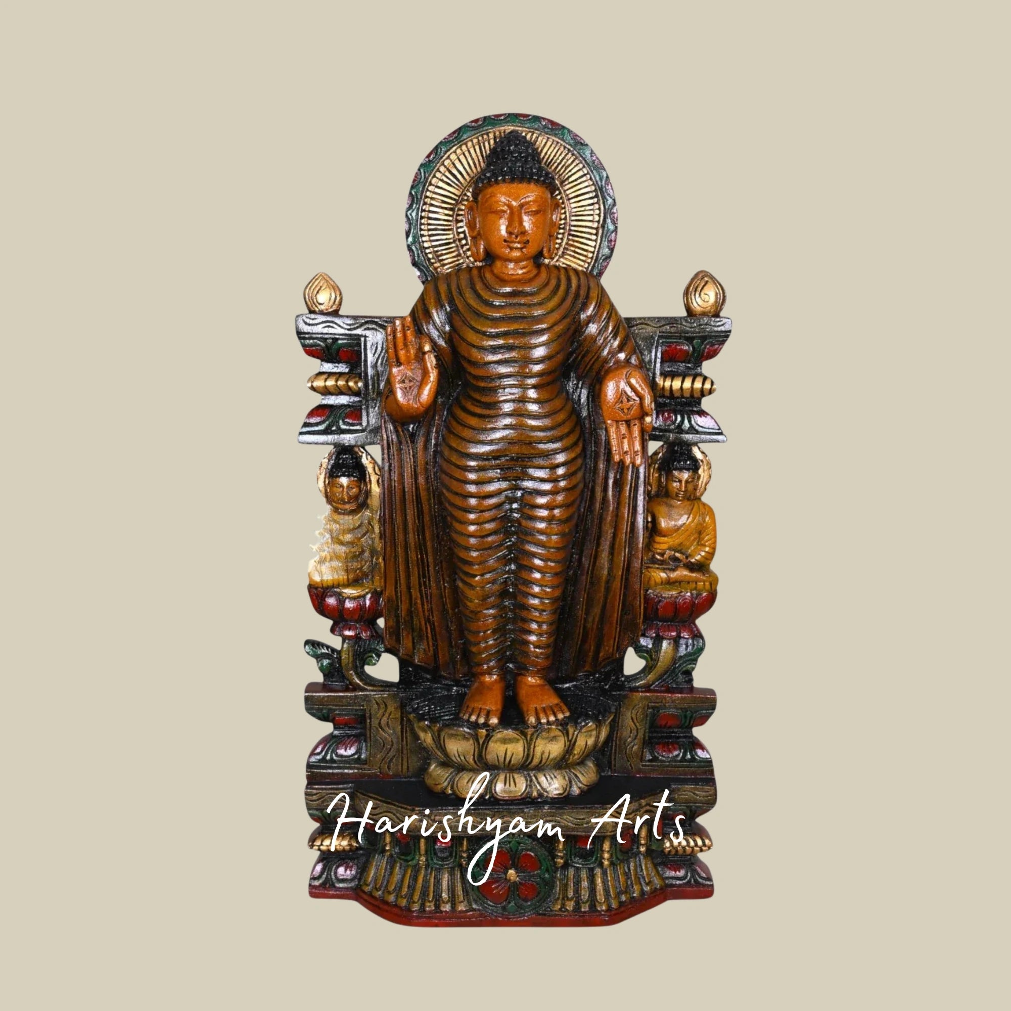 30" Multicoloured Wooden Buddha Figurine for Meditation Room and Decor