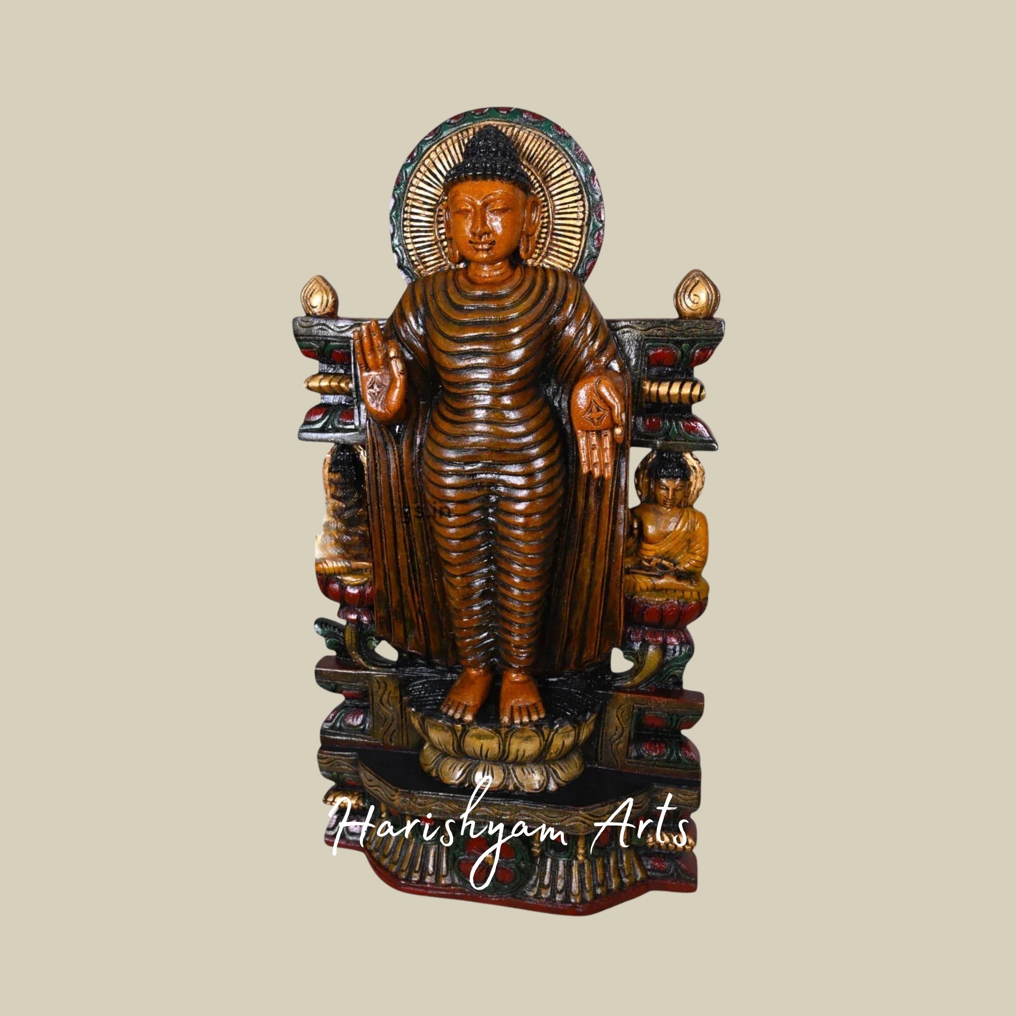 30" Multicoloured Wooden Buddha Figurine for Meditation Room and Decor