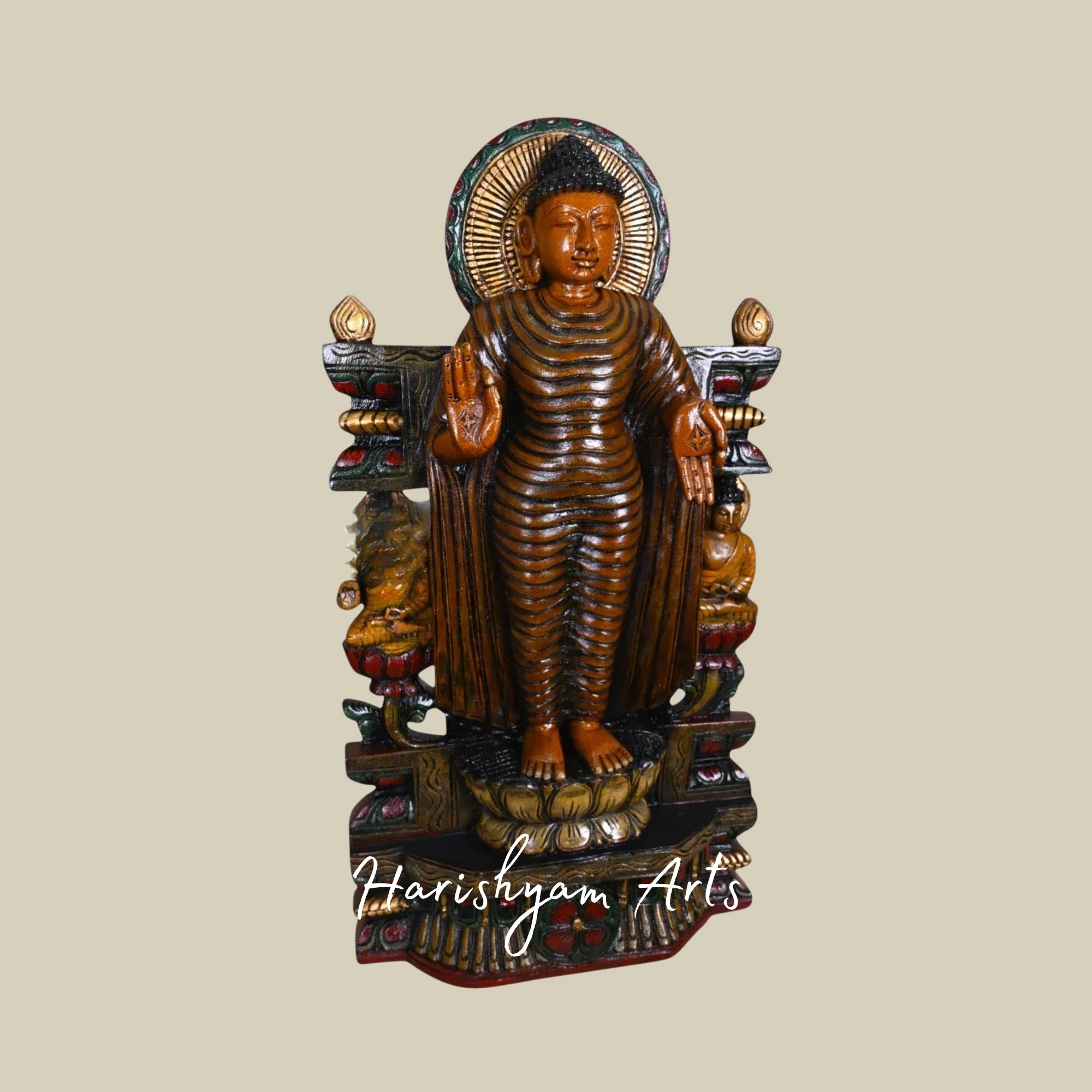 30" Multicoloured Wooden Buddha Figurine for Meditation Room and Decor
