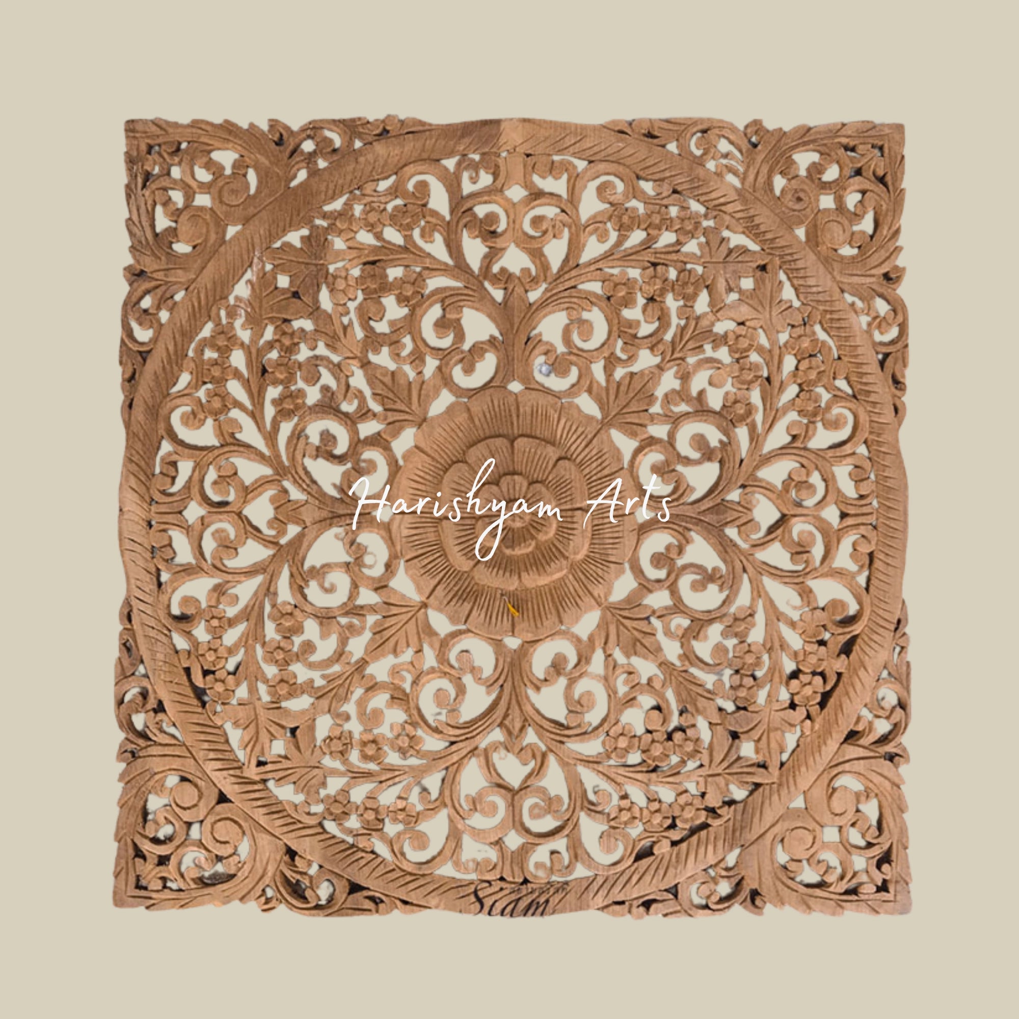30" Rustic Antique Decorative Lotus Wood Carving Wall Art Panel