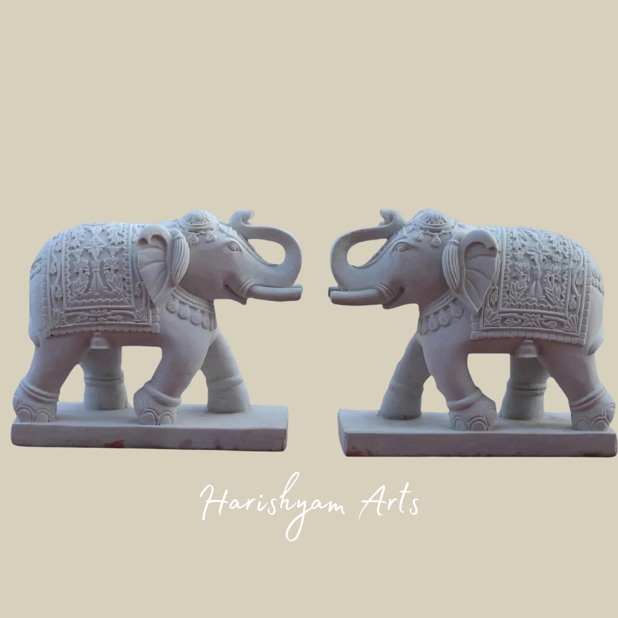 31" Elegant White Rajnagar Marble Elephant Pair Handmade Decorative Statues