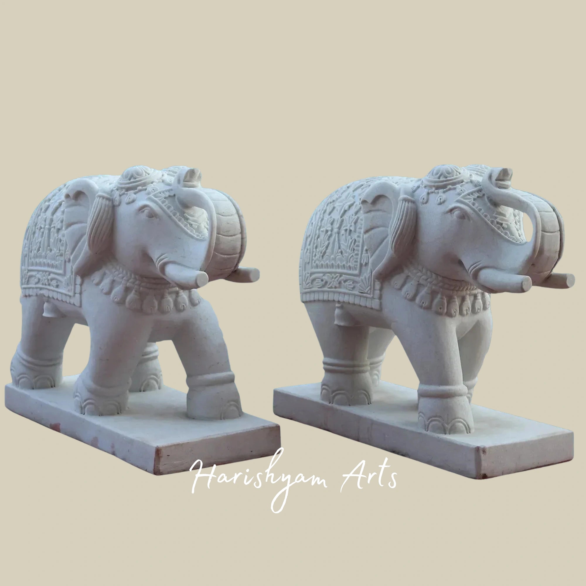 31" Elegant White Rajnagar Marble Elephant Pair Handmade Decorative Statues