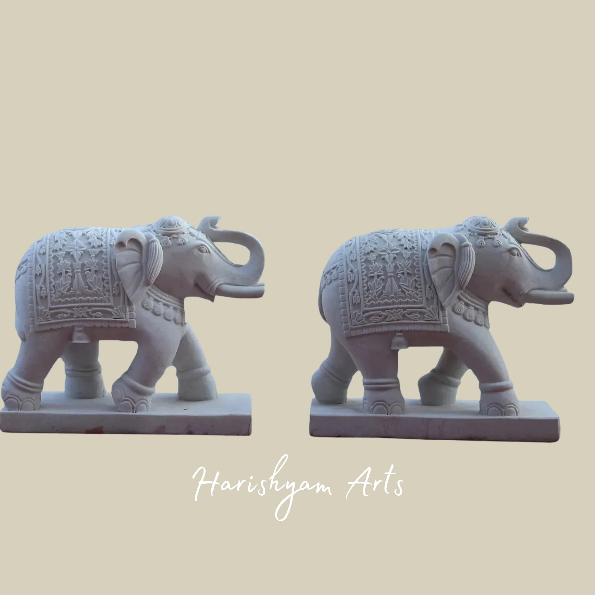 31" Elegant White Rajnagar Marble Elephant Pair Handmade Decorative Statues