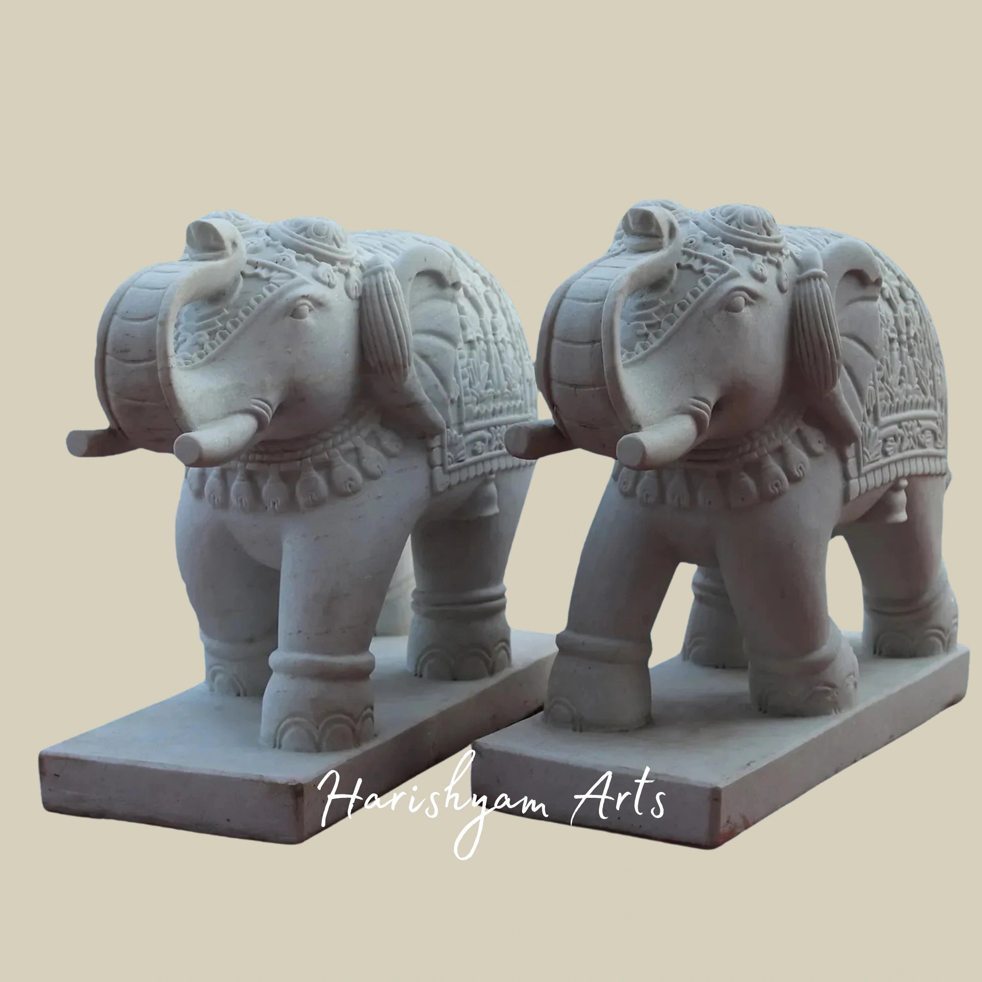 31" Elegant White Rajnagar Marble Elephant Pair Handmade Decorative Statues
